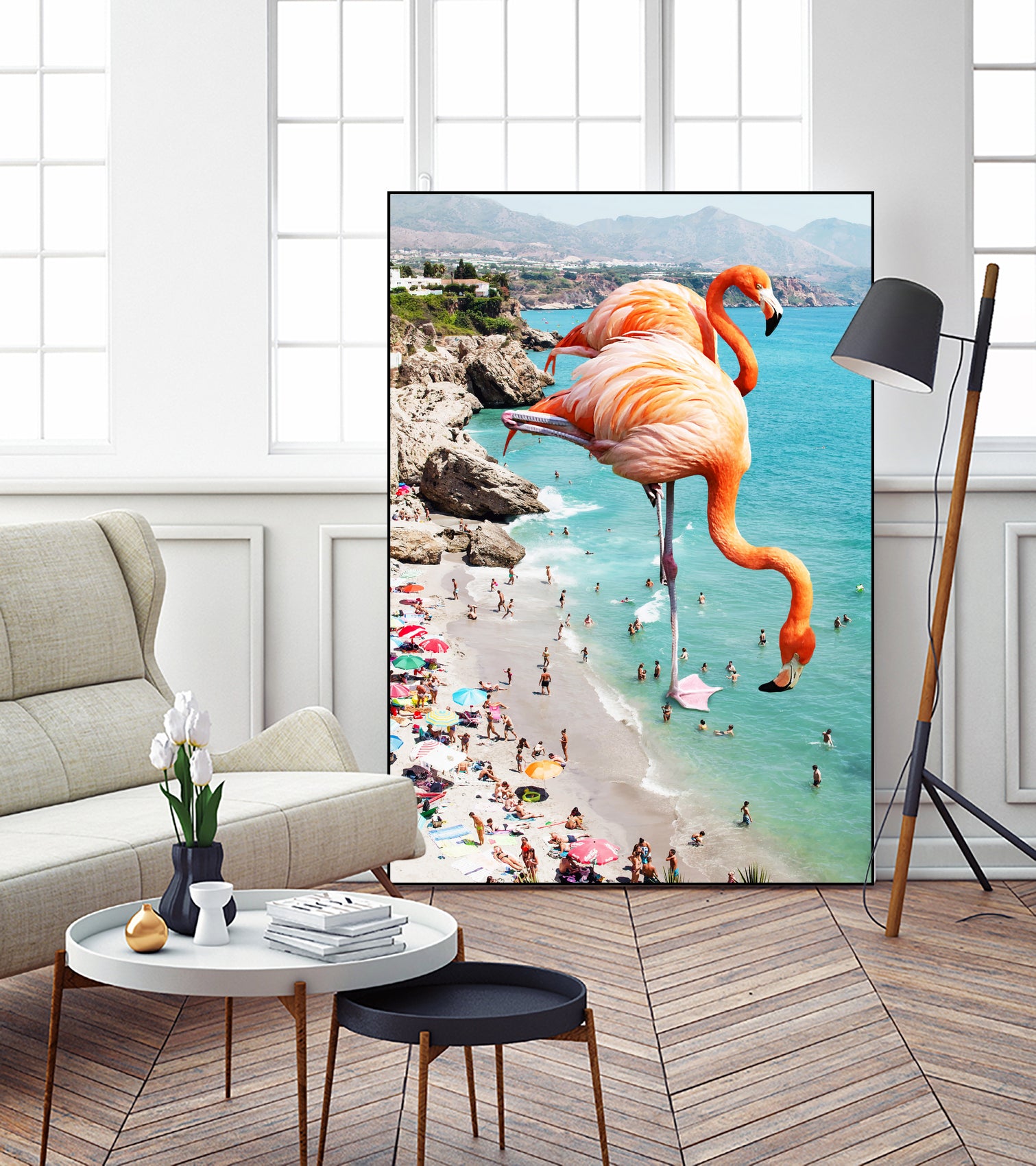 Flamingos on the Beach by Uma Gokhale on GIANT ART - orange photo illustration