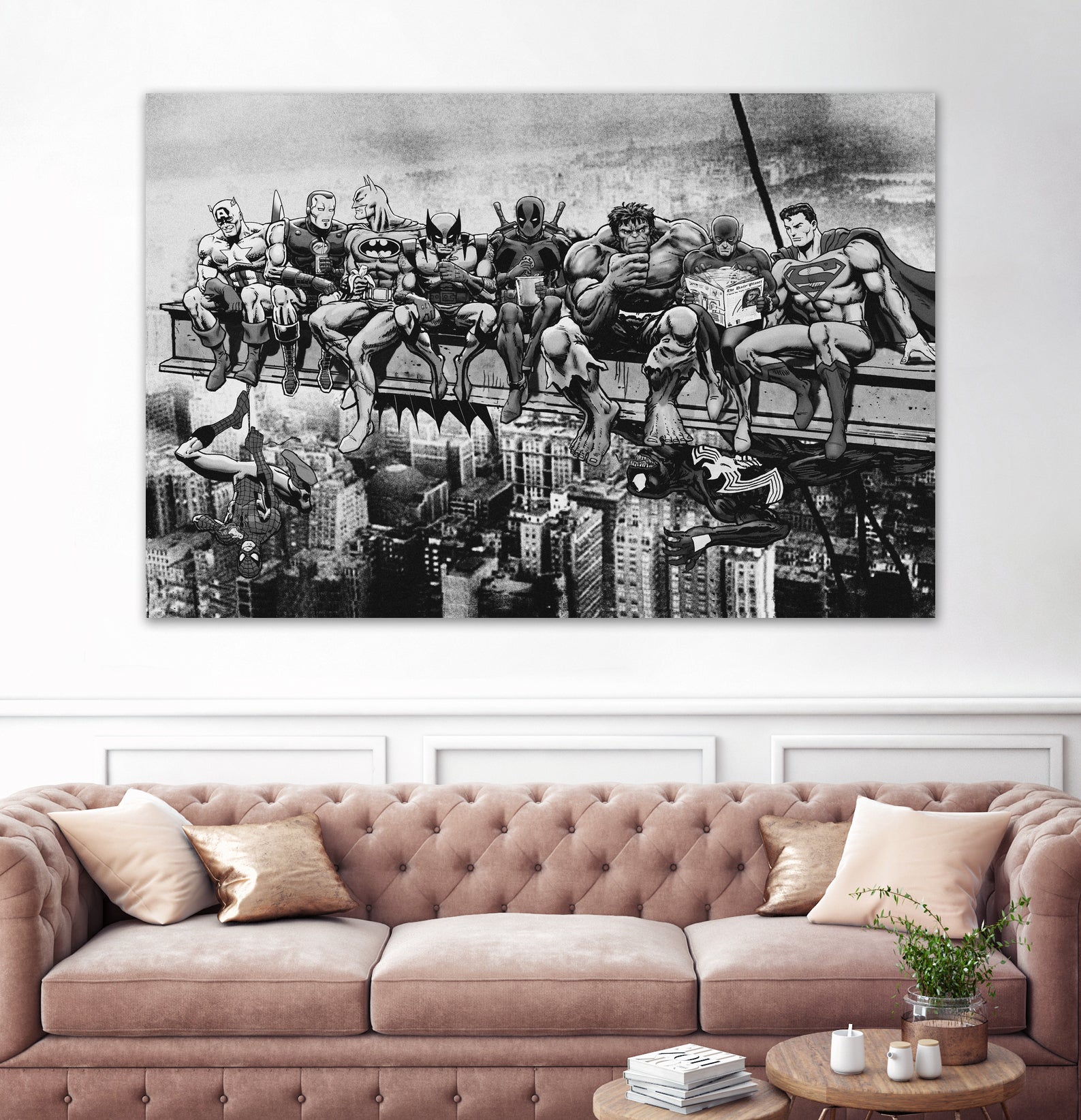 Marvel & DC Superheroes Lunch Atop A Skyscraper -B/W Edition by Dan Avenell on GIANT ART - gray digital painting