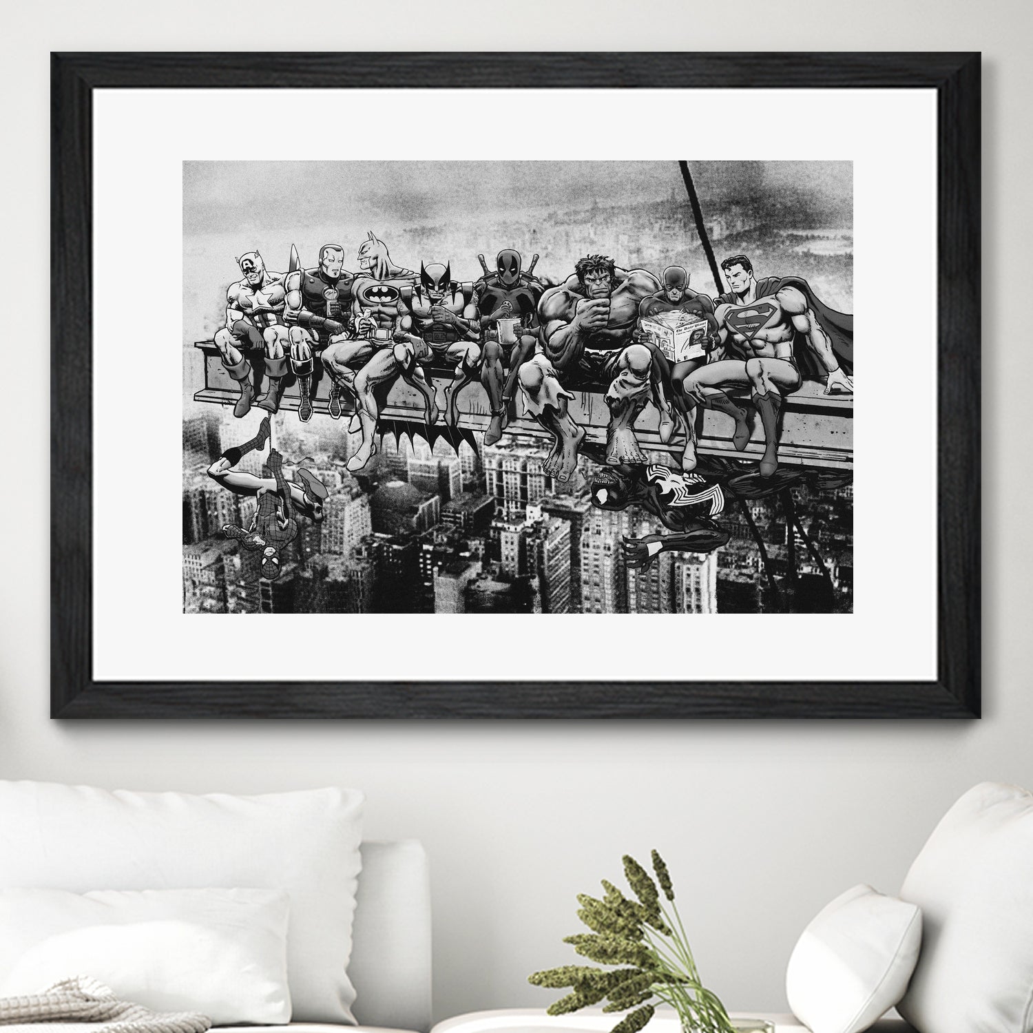 Marvel & DC Superheroes Lunch Atop A Skyscraper -B/W Edition by Dan Avenell on GIANT ART - gray digital painting