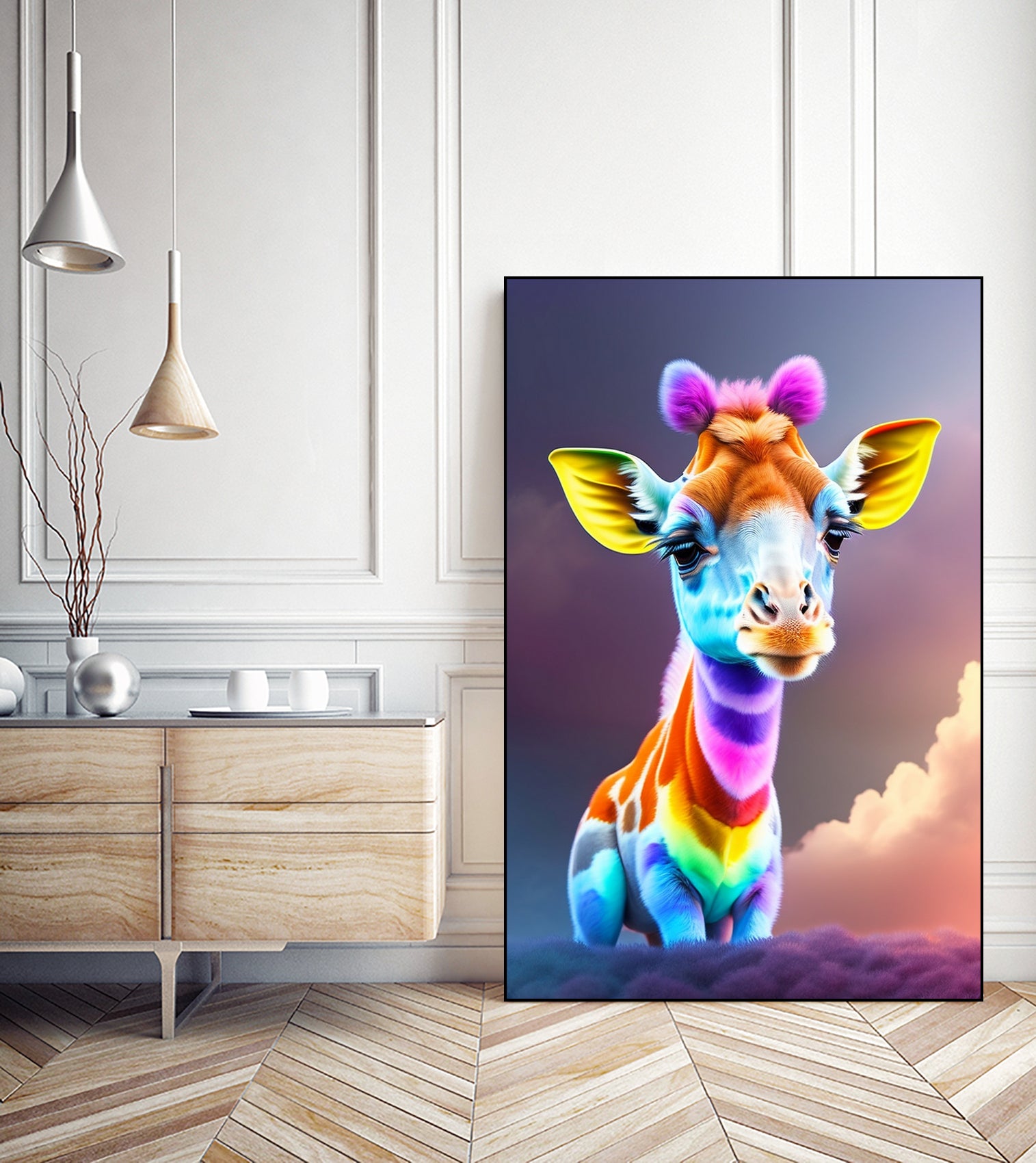 Cute baby giraffe colorful art with rainbow colors by ALMA Studio on GIANT ART - fuchsia digital painting