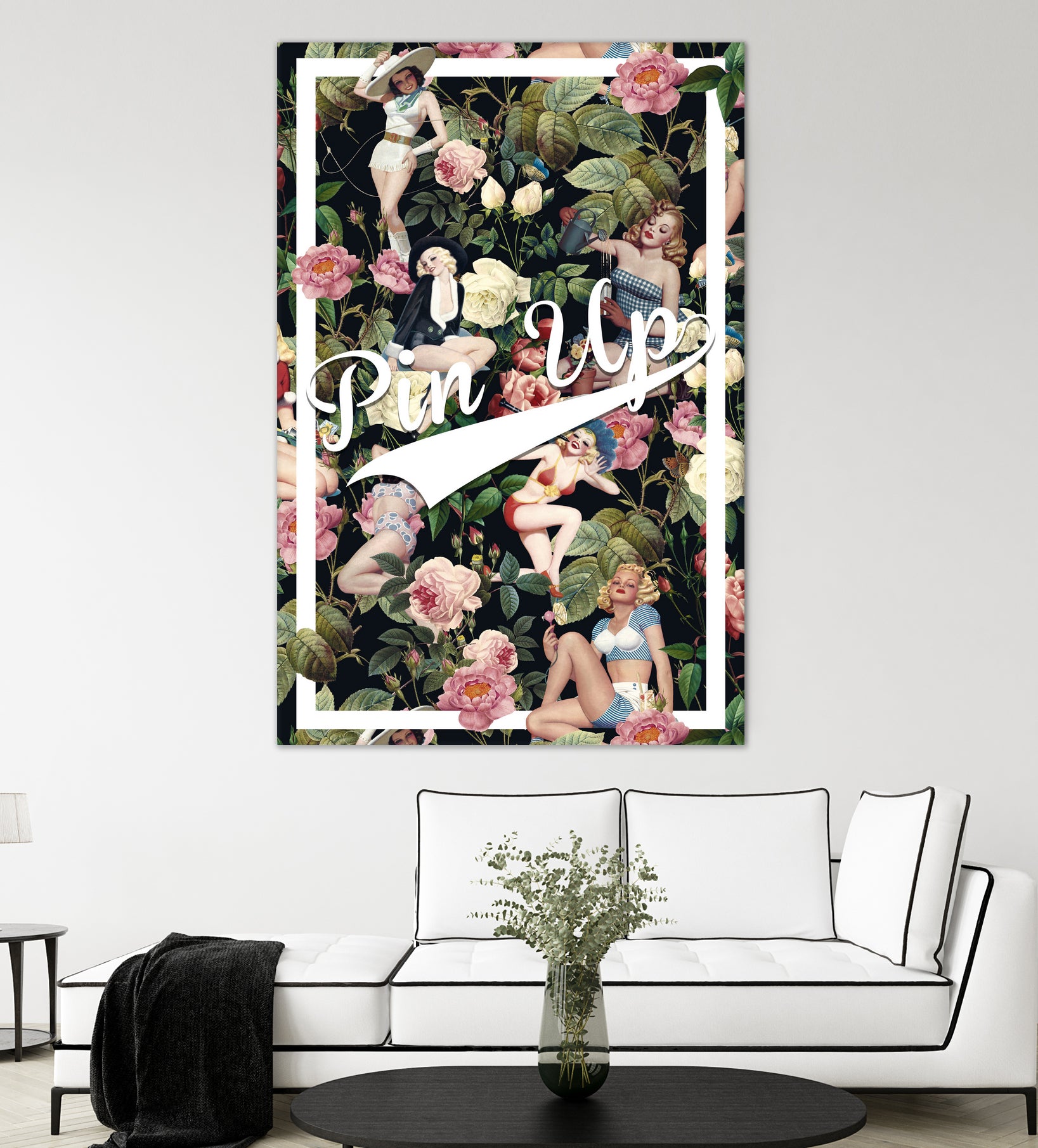 Floral and Pin Up Girls Pattern by burcu korkmazyurek on GIANT ART - black digital painting