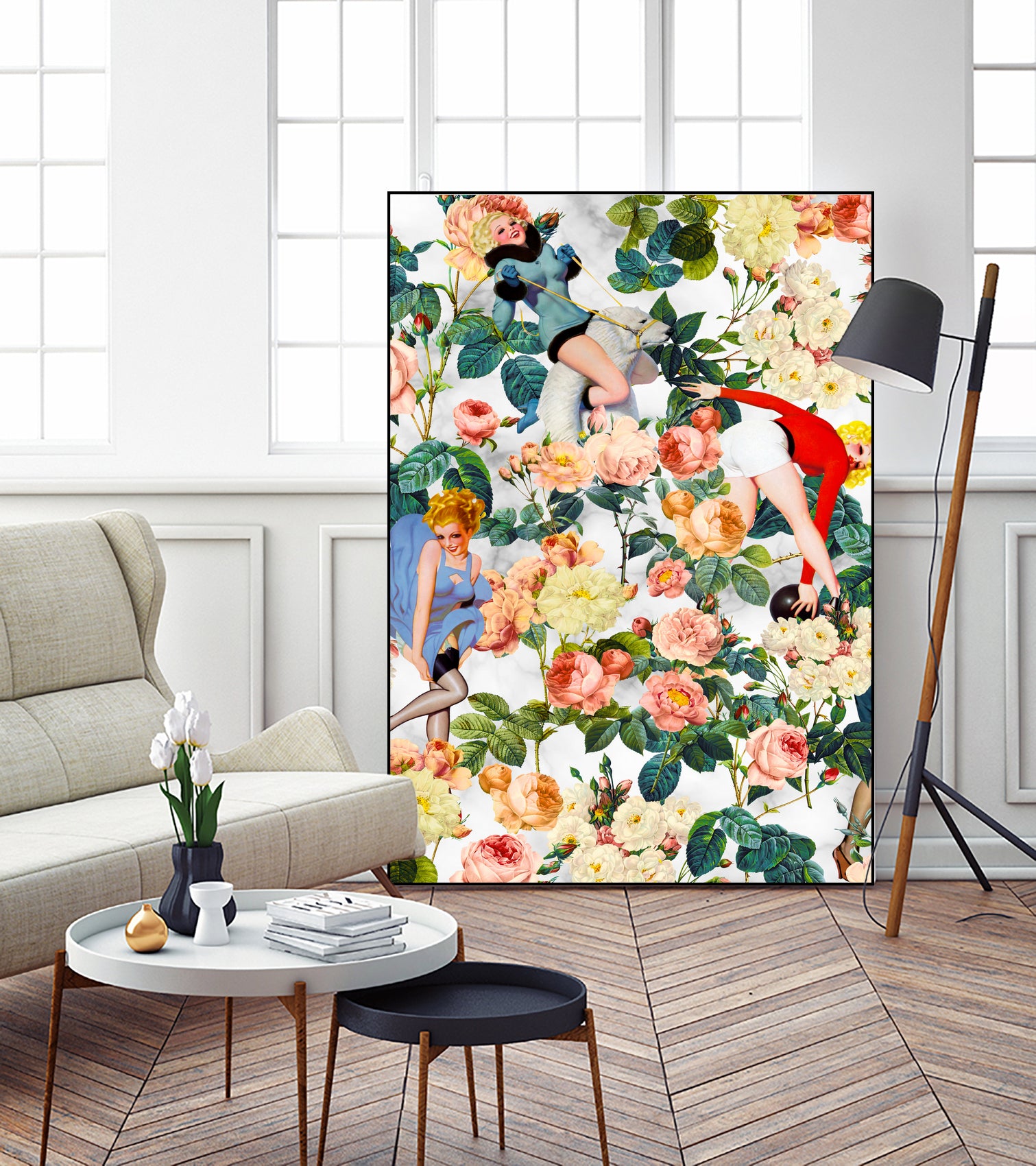 Floral and Pin Up Girls II Pattern by burcu korkmazyurek on GIANT ART - white digital painting