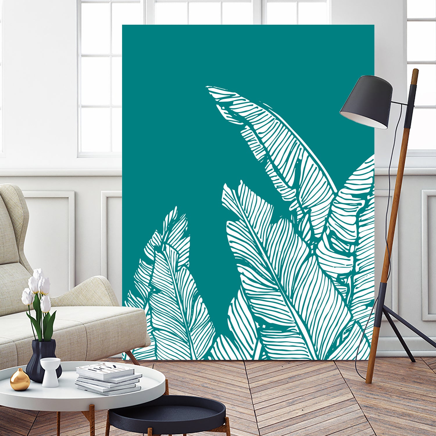 Banana Leaves on Teal by Daniela di Niro on GIANT ART - blue digital drawing