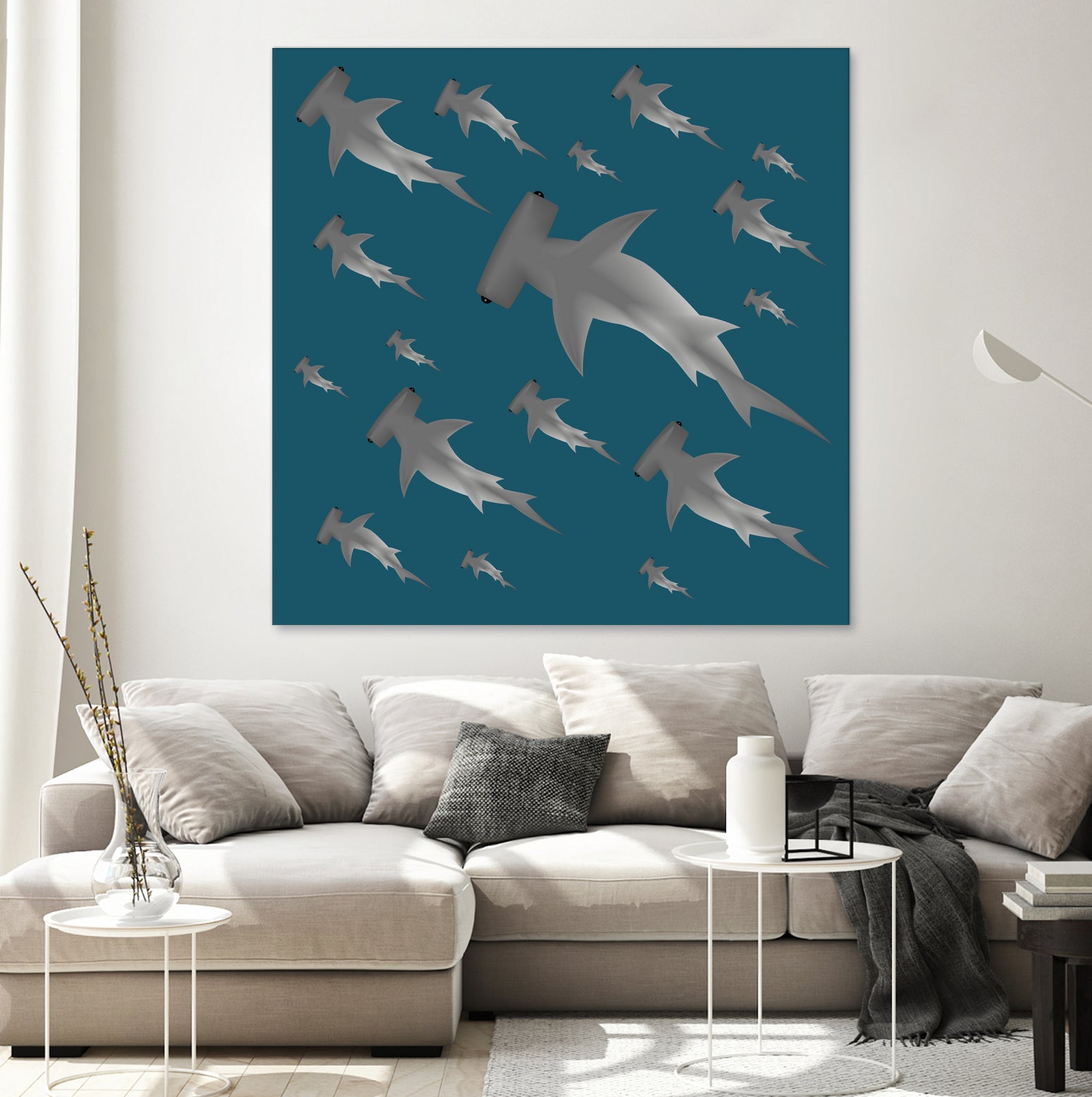 School of hammerhead sharks by Rodrigo Esparza-Salas on GIANT ART - blue digital drawing