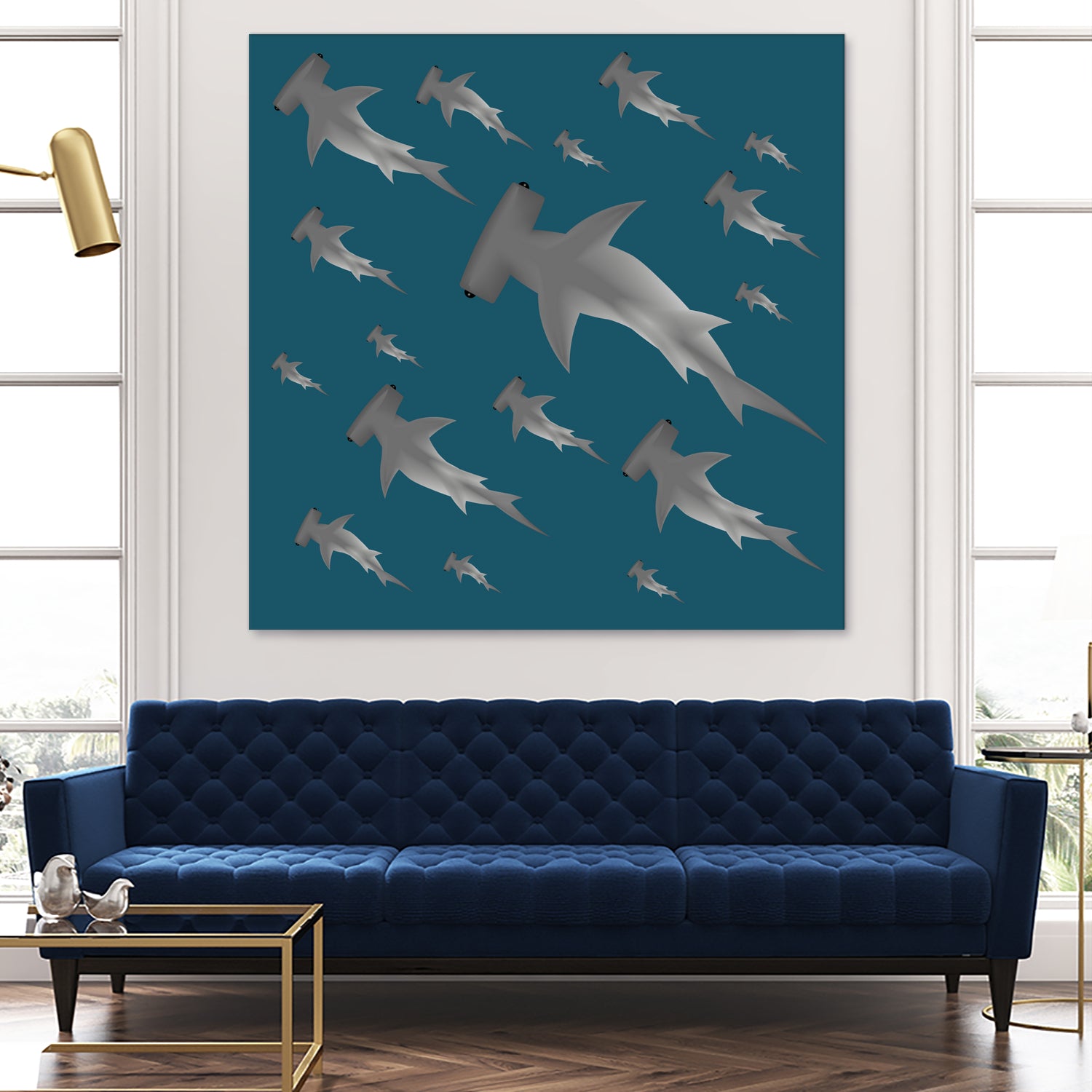 School of hammerhead sharks by Rodrigo Esparza-Salas on GIANT ART - blue digital drawing