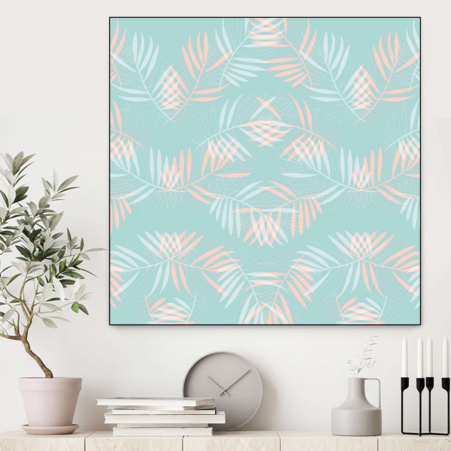 Palm Leaves Lace Pattern on Aqua by Dominique Van Roey on GIANT ART - green digital drawing