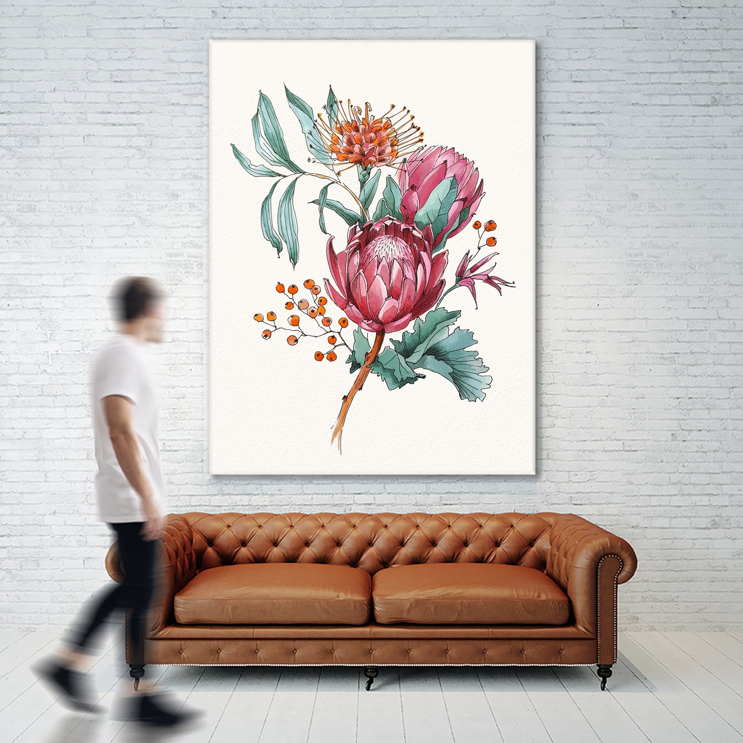 King protea flowers watercolor illustration by Two Lips on GIANT ART - pink digital drawing