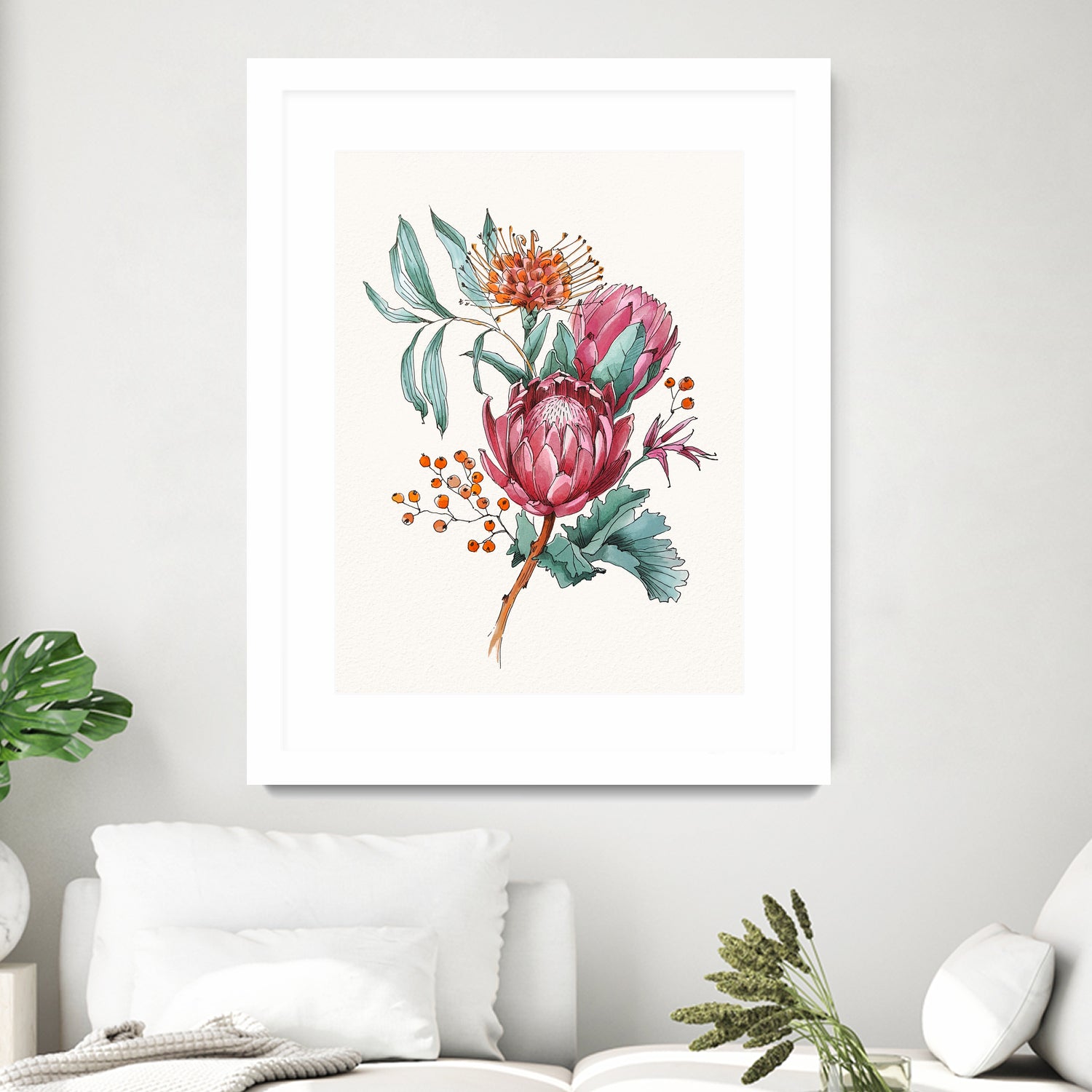 King protea flowers watercolor illustration by Two Lips on GIANT ART - pink digital drawing