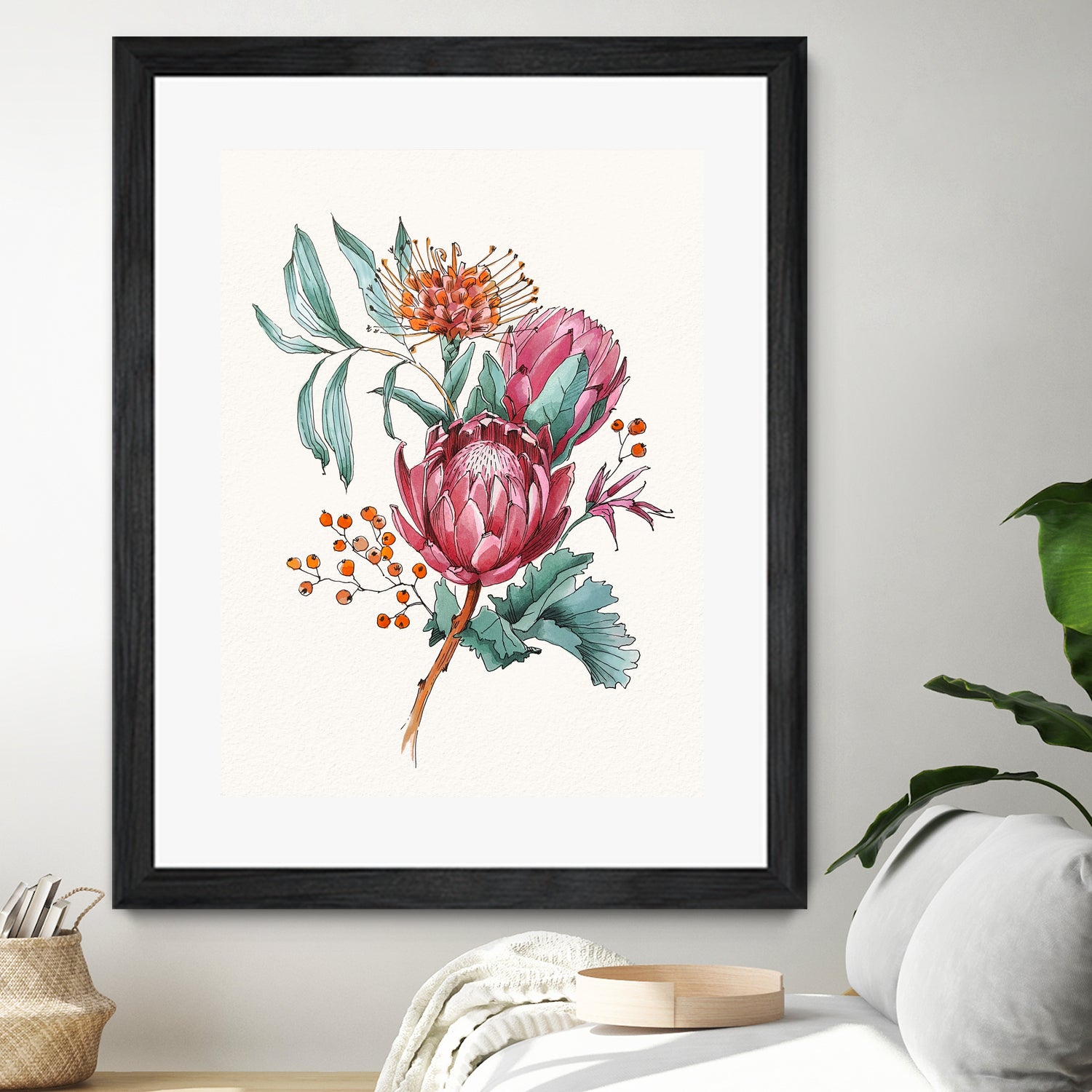 King protea flowers watercolor illustration by Two Lips on GIANT ART - pink digital drawing