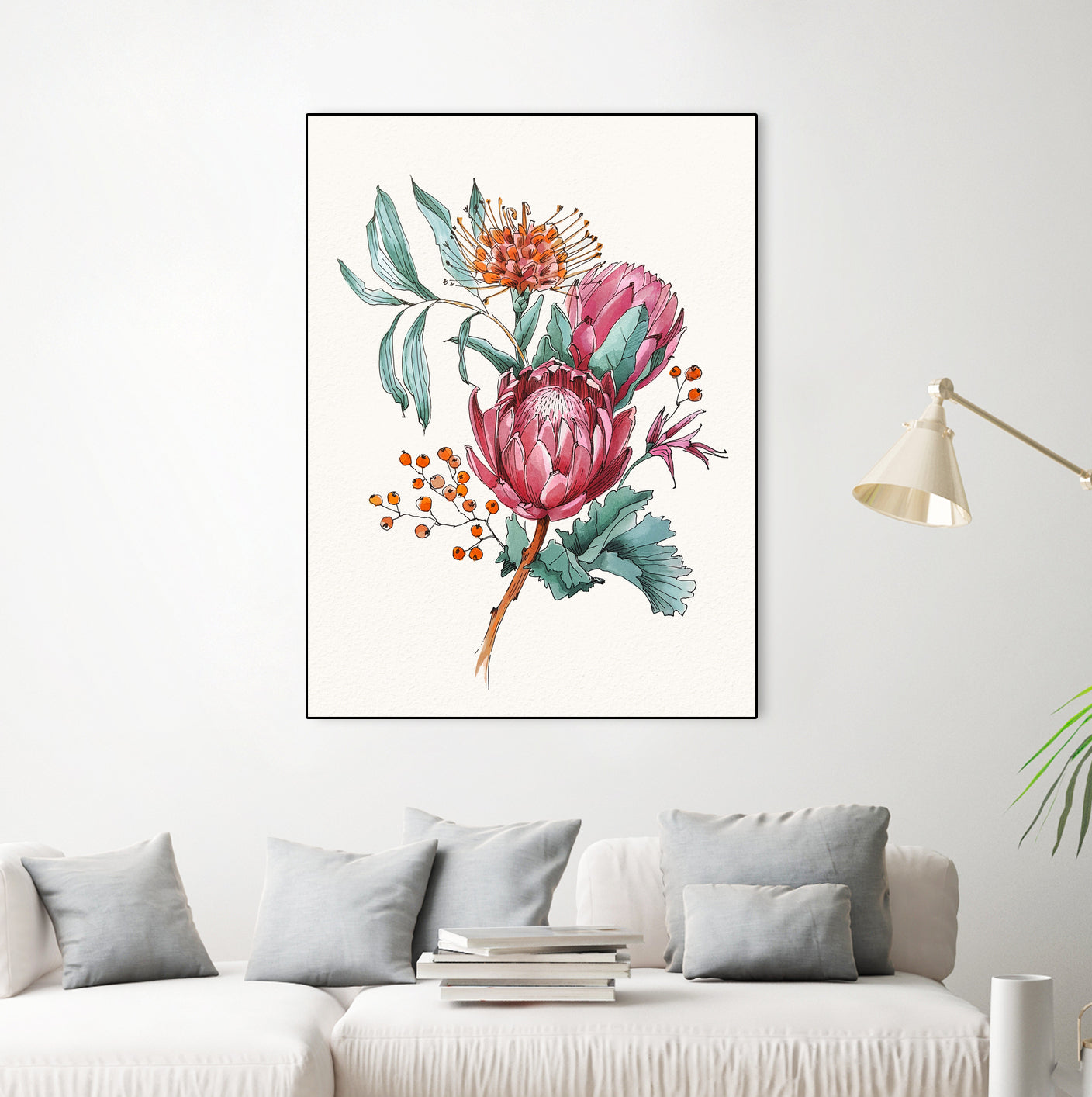 King protea flowers watercolor illustration by Two Lips on GIANT ART - pink digital drawing