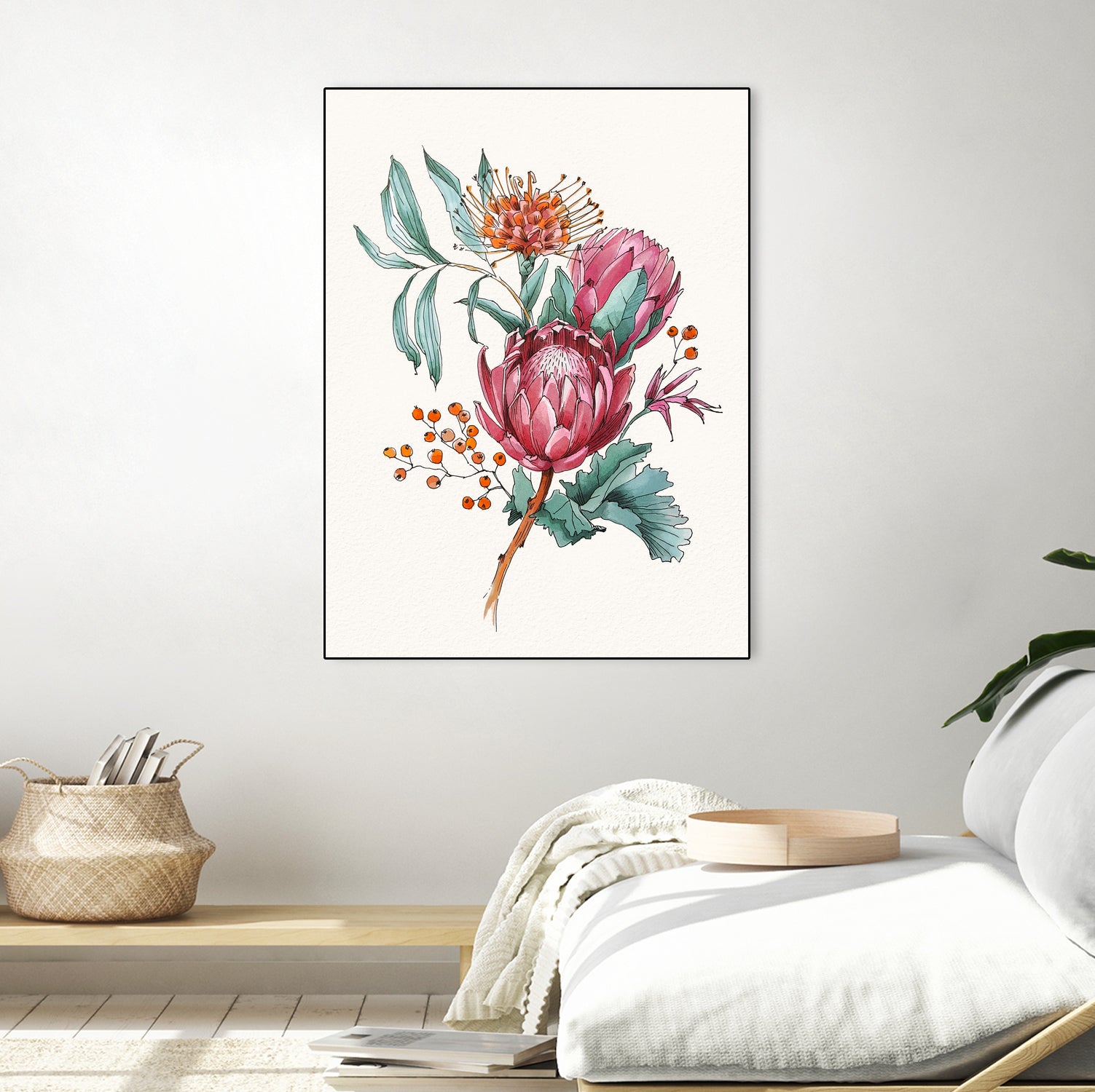 King protea flowers watercolor illustration by Two Lips on GIANT ART - pink digital drawing