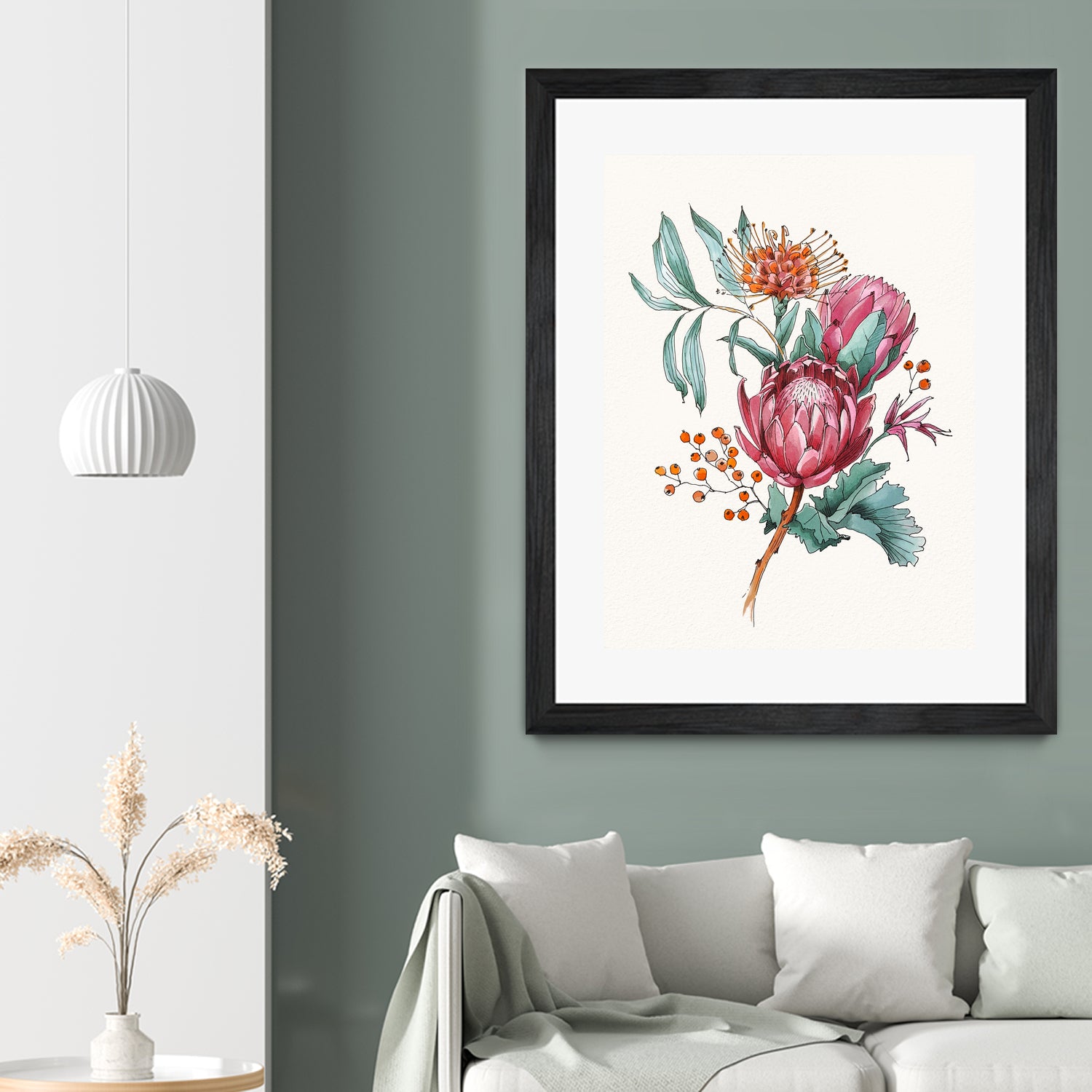 King protea flowers watercolor illustration by Two Lips on GIANT ART - pink digital drawing