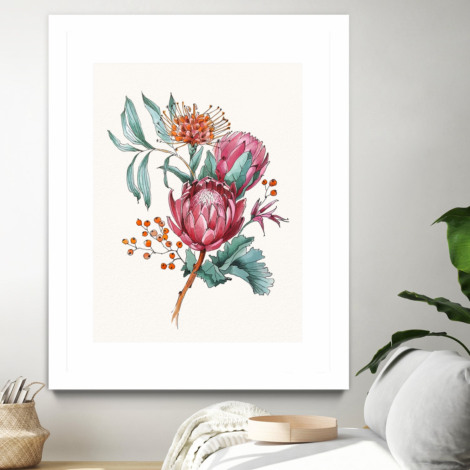 King protea flowers watercolor illustration by Two Lips on GIANT ART - pink digital drawing