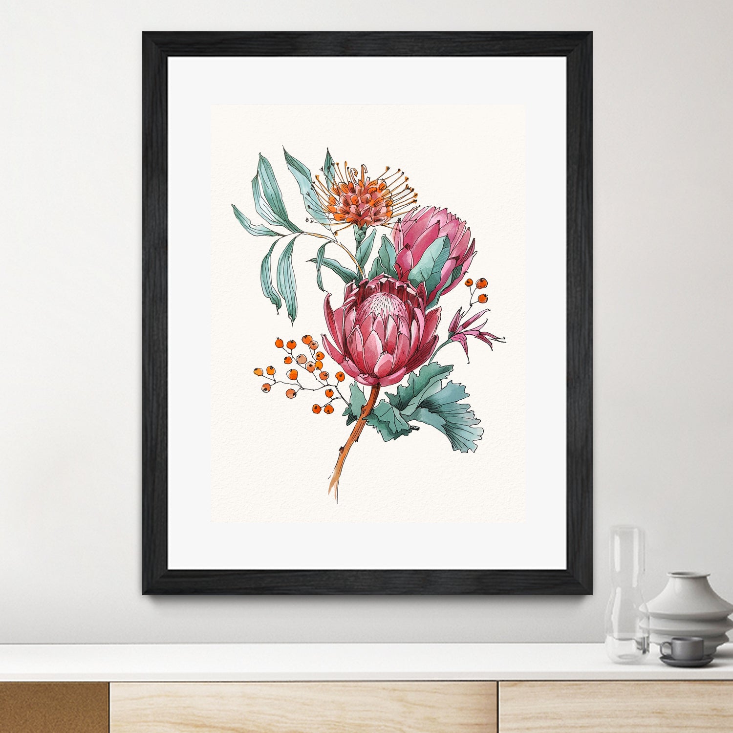 King protea flowers watercolor illustration by Two Lips on GIANT ART - pink digital drawing