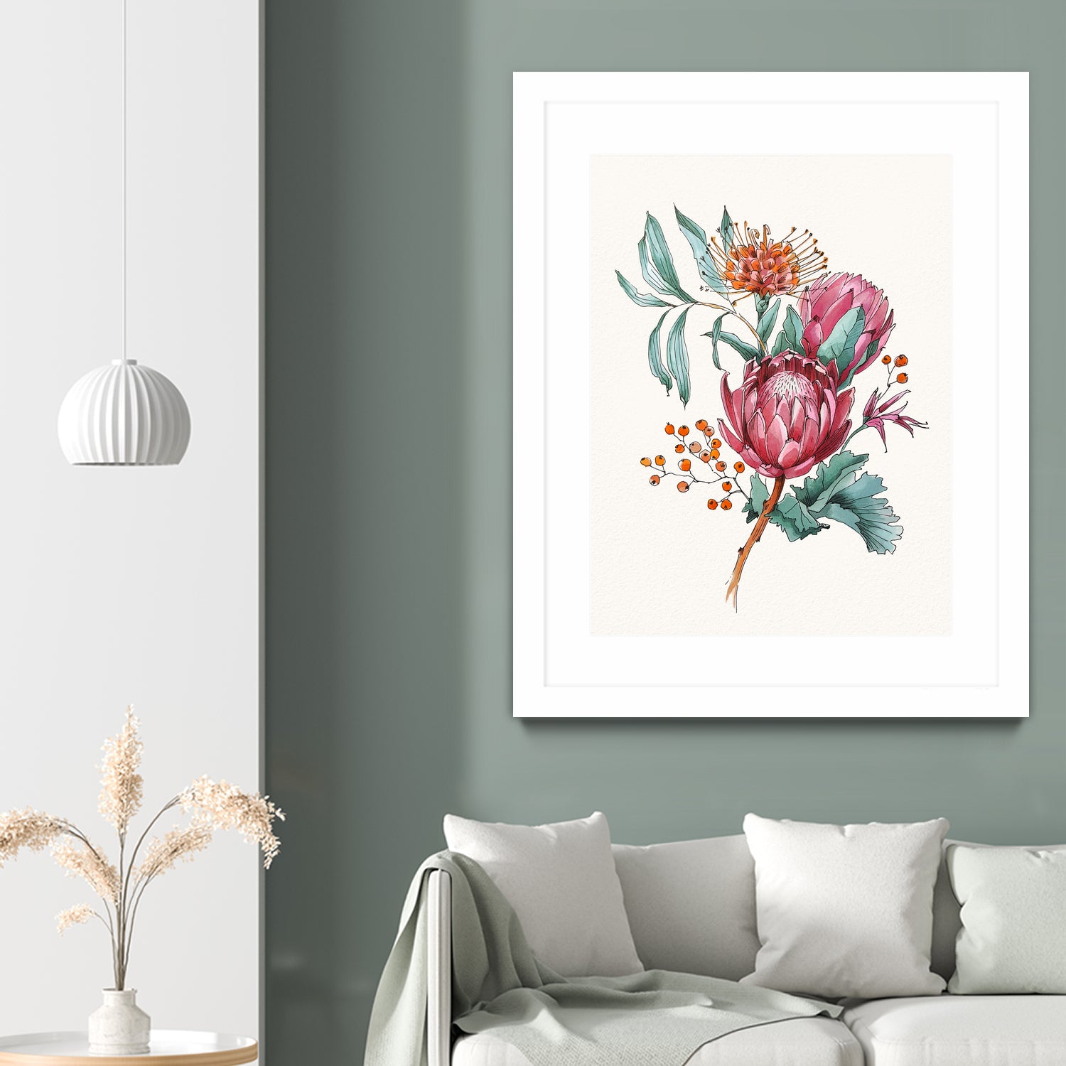 King protea flowers watercolor illustration by Two Lips on GIANT ART - pink digital drawing