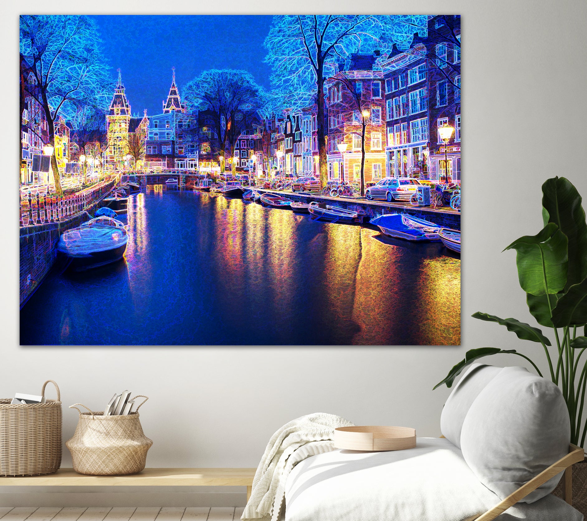 Winter Amsterdam Canal At Night With Boats by Michael Novik on GIANT ART - white photo illustration