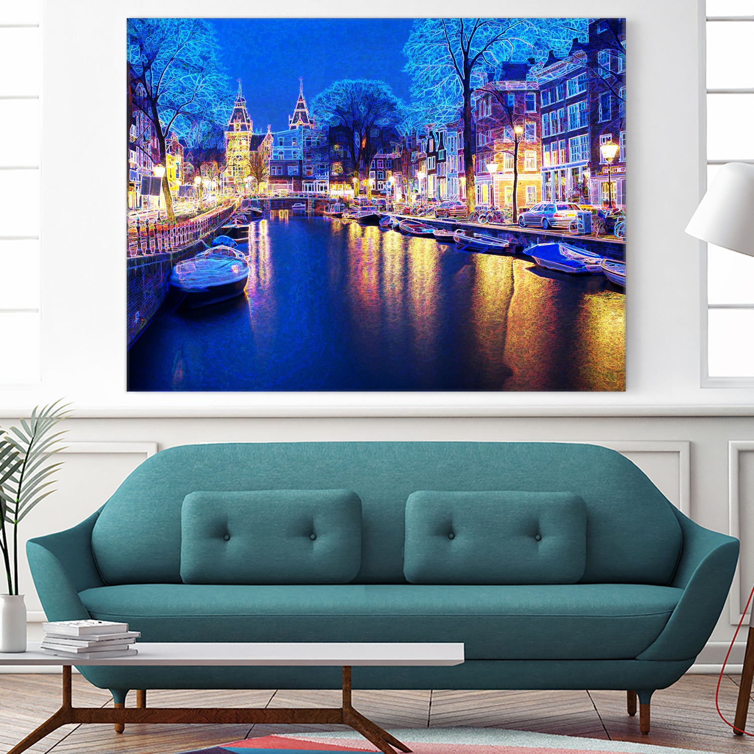 Winter Amsterdam Canal At Night With Boats by Michael Novik on GIANT ART - white photo illustration