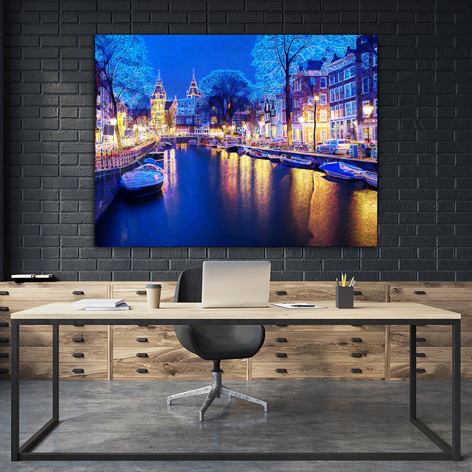 Winter Amsterdam Canal At Night With Boats by Michael Novik on GIANT ART - white photo illustration