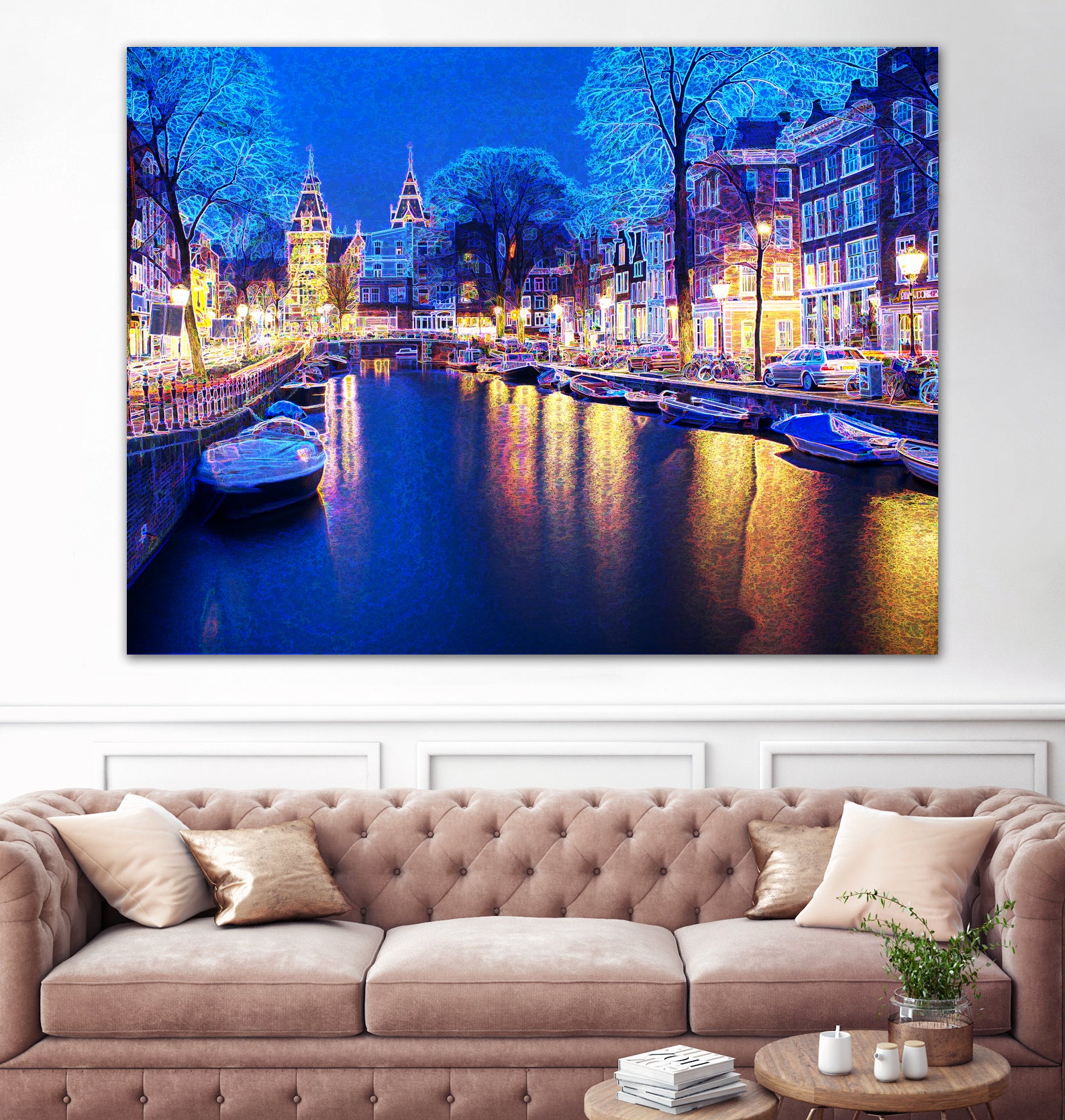 Winter Amsterdam Canal At Night With Boats by Michael Novik on GIANT ART - white photo illustration