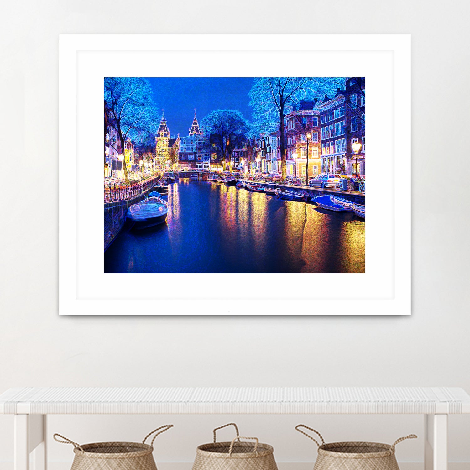 Winter Amsterdam Canal At Night With Boats by Michael Novik on GIANT ART - white photo illustration