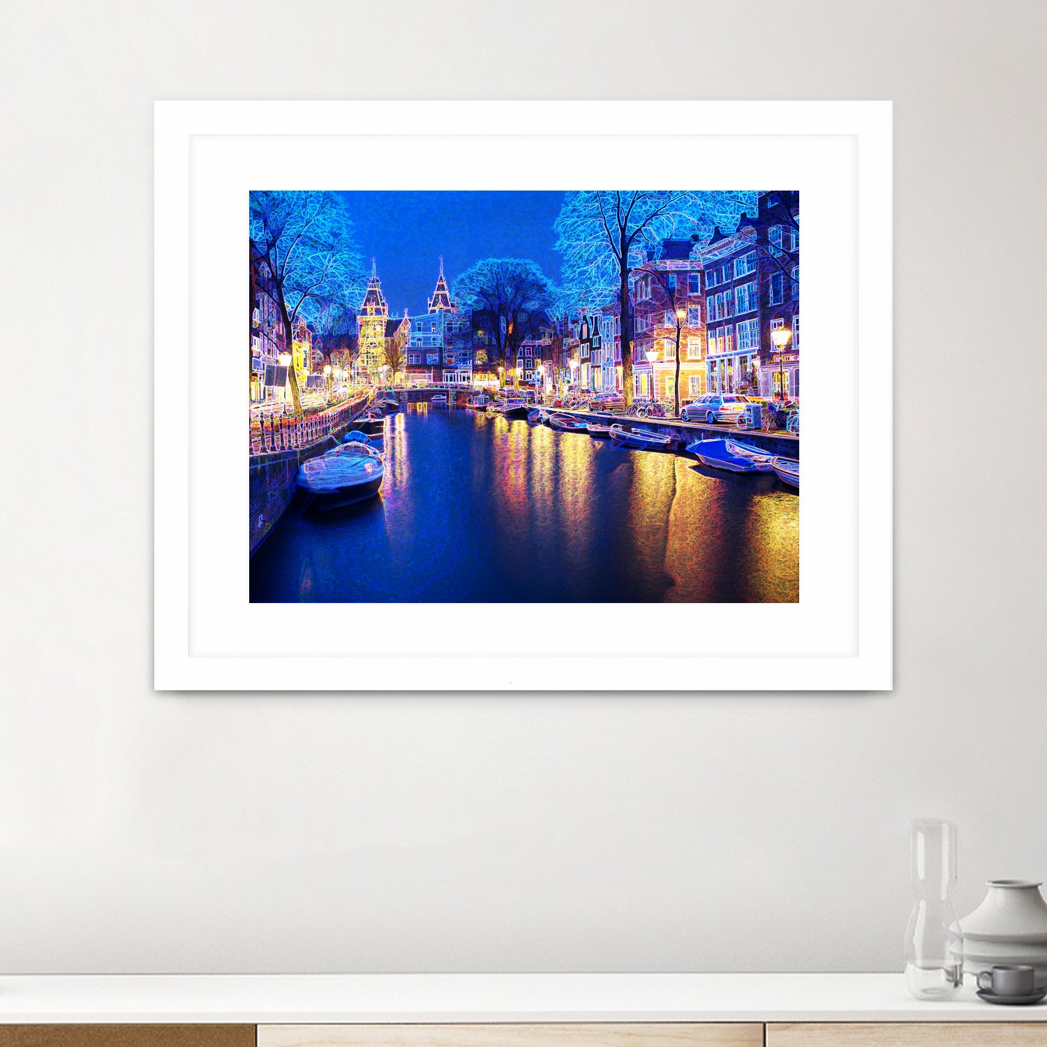 Winter Amsterdam Canal At Night With Boats by Michael Novik on GIANT ART - white photo illustration