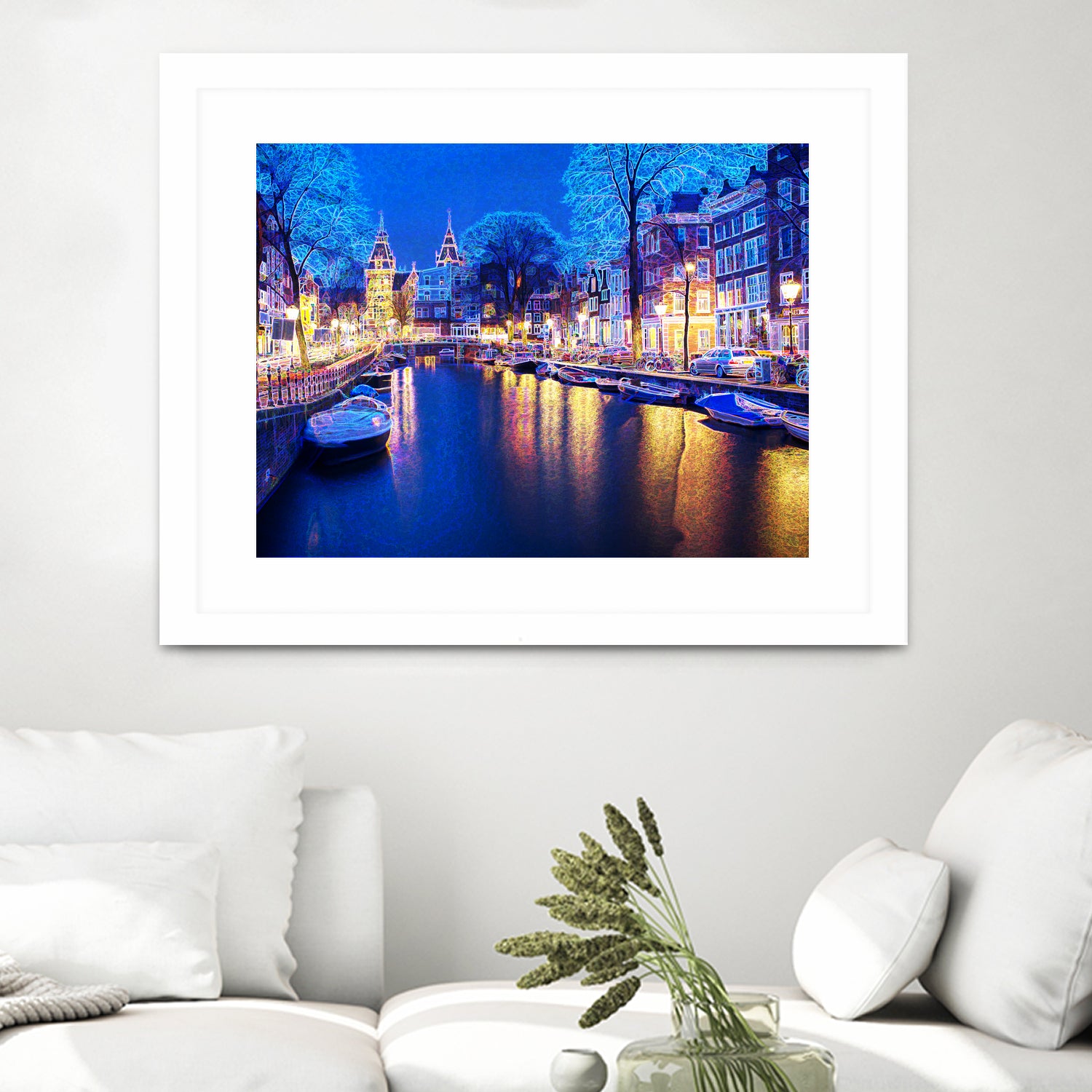 Winter Amsterdam Canal At Night With Boats by Michael Novik on GIANT ART - white photo illustration