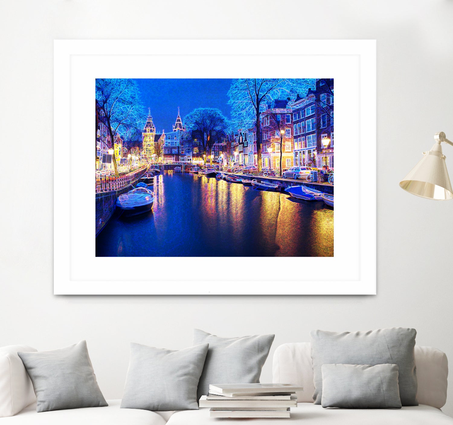 Winter Amsterdam Canal At Night With Boats by Michael Novik on GIANT ART - white photo illustration