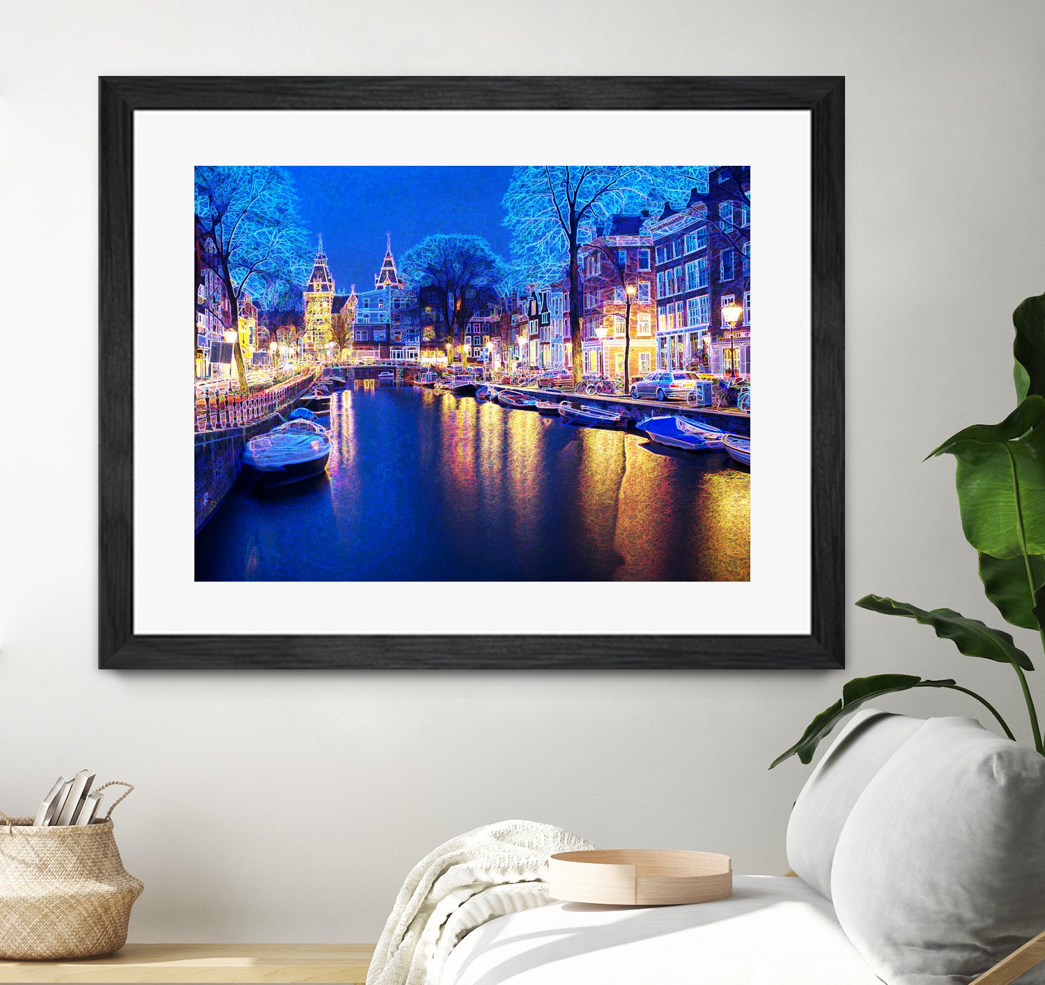 Winter Amsterdam Canal At Night With Boats by Michael Novik on GIANT ART - white photo illustration