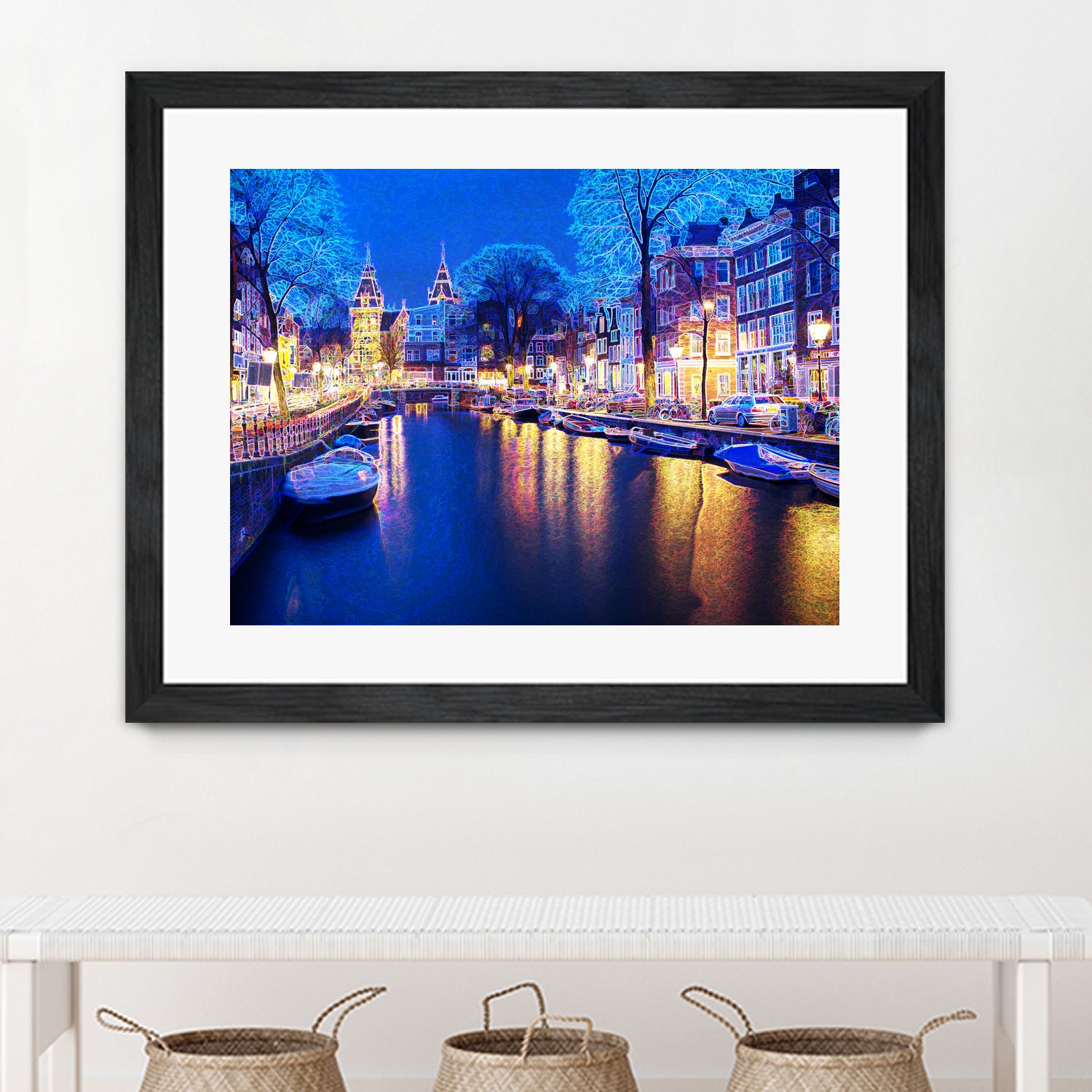 Winter Amsterdam Canal At Night With Boats by Michael Novik on GIANT ART - white photo illustration