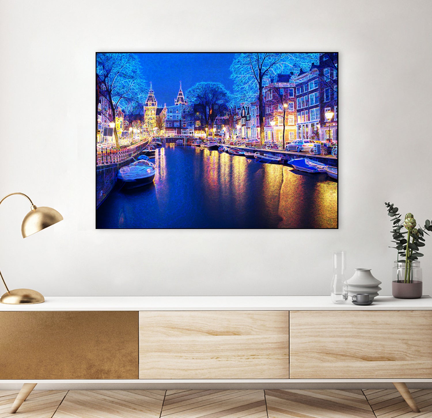 Winter Amsterdam Canal At Night With Boats by Michael Novik on GIANT ART - white photo illustration