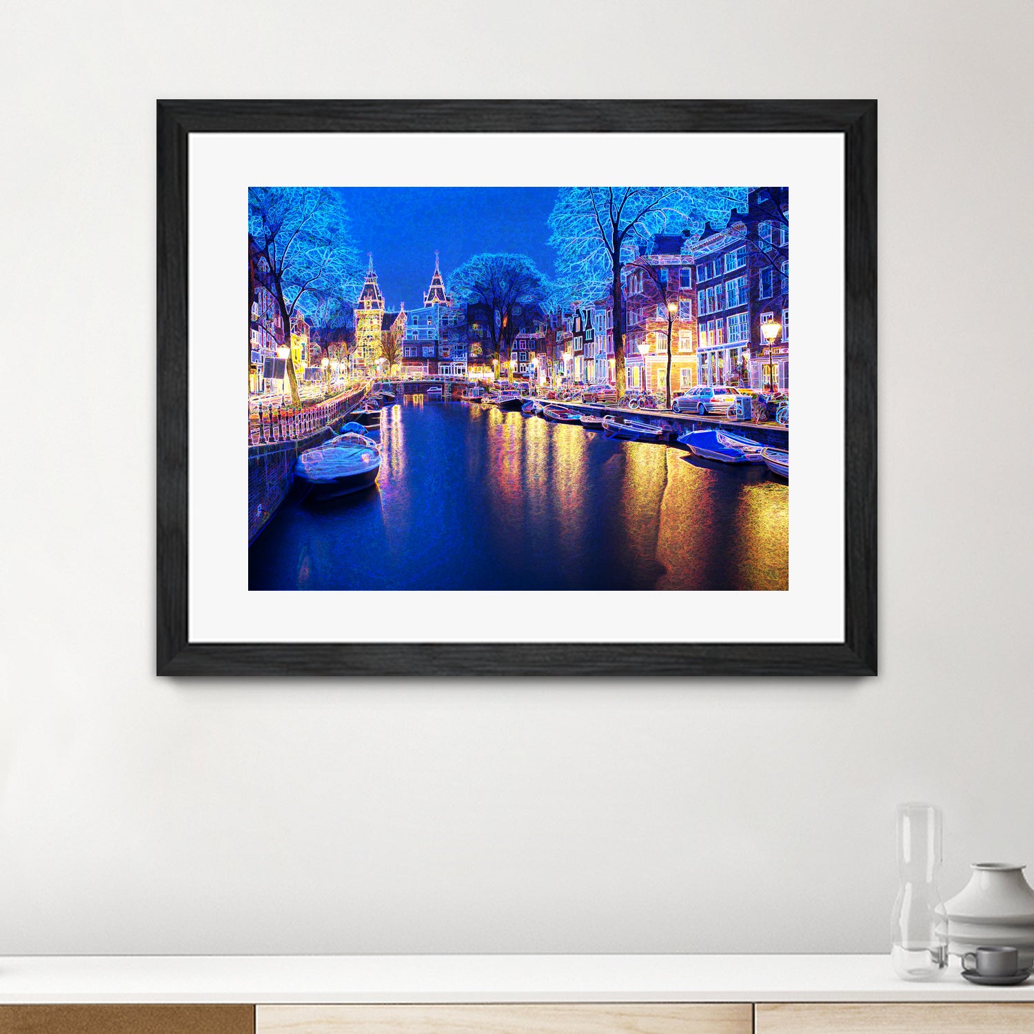 Winter Amsterdam Canal At Night With Boats by Michael Novik on GIANT ART - white photo illustration