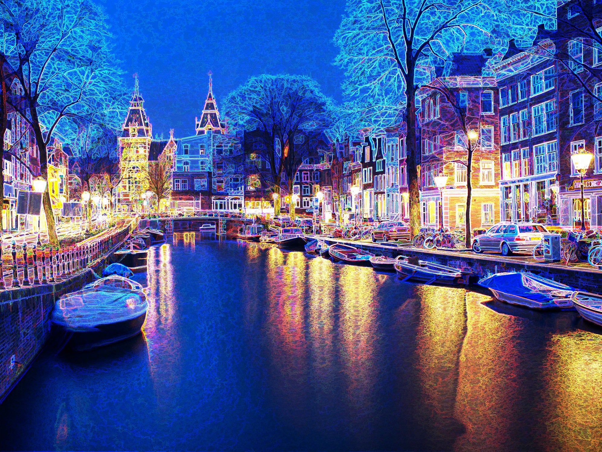 Winter Amsterdam Canal At Night With Boats by Michael Novik on GIANT ART - white photo illustration