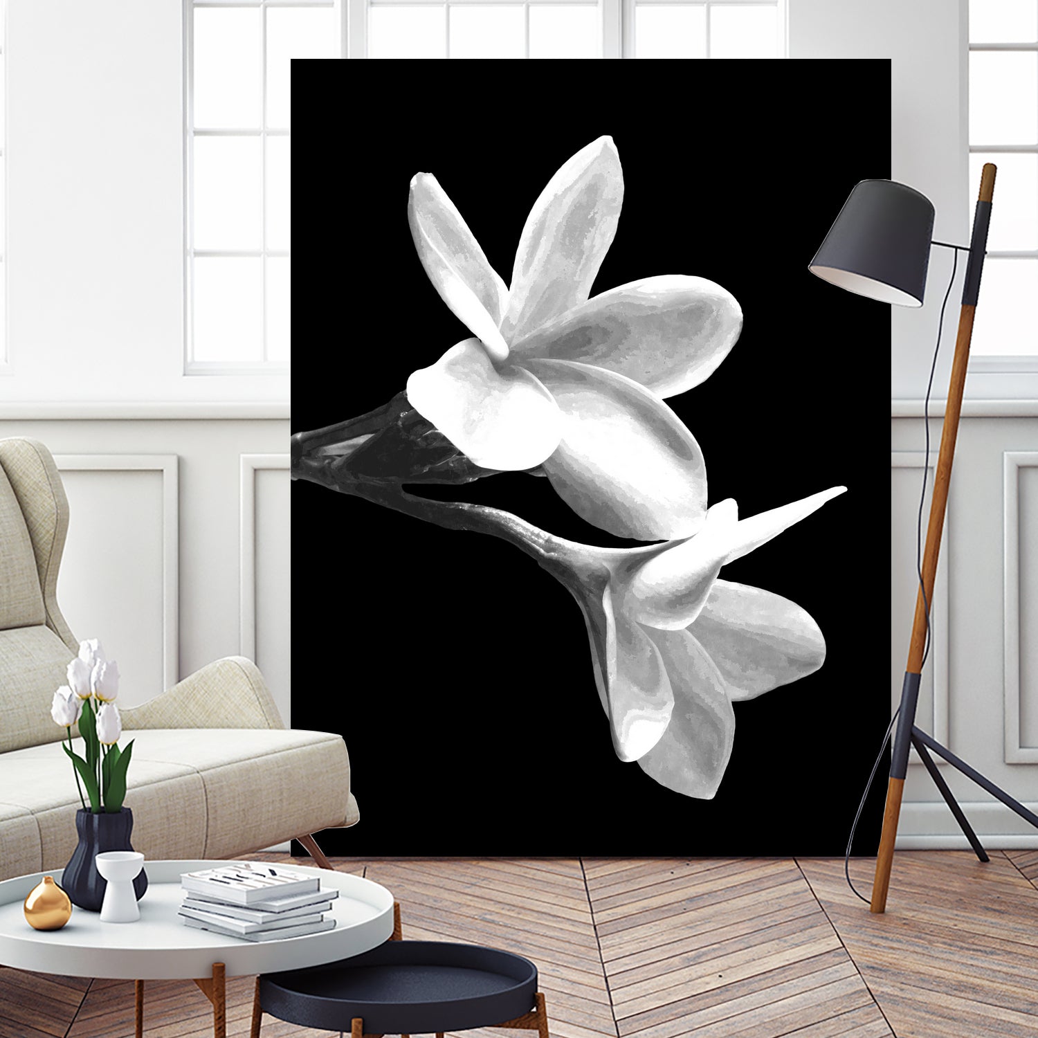 White Flowers Black Background by Alessandra Minervini on GIANT ART - black digital painting