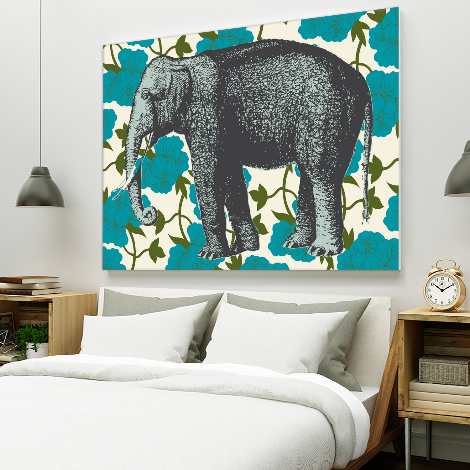 Elephant Floral Aqua by Thomas Fernez on GIANT ART - blue digital drawing