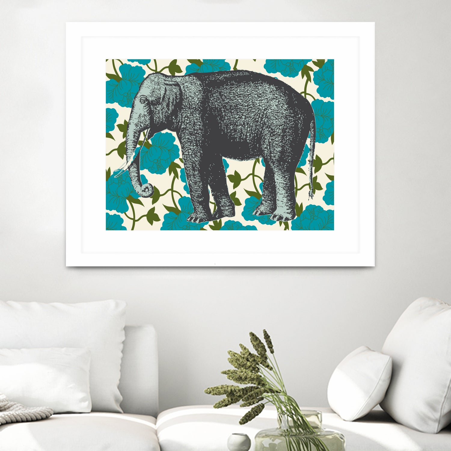 Elephant Floral Aqua by Thomas Fernez on GIANT ART - blue digital drawing