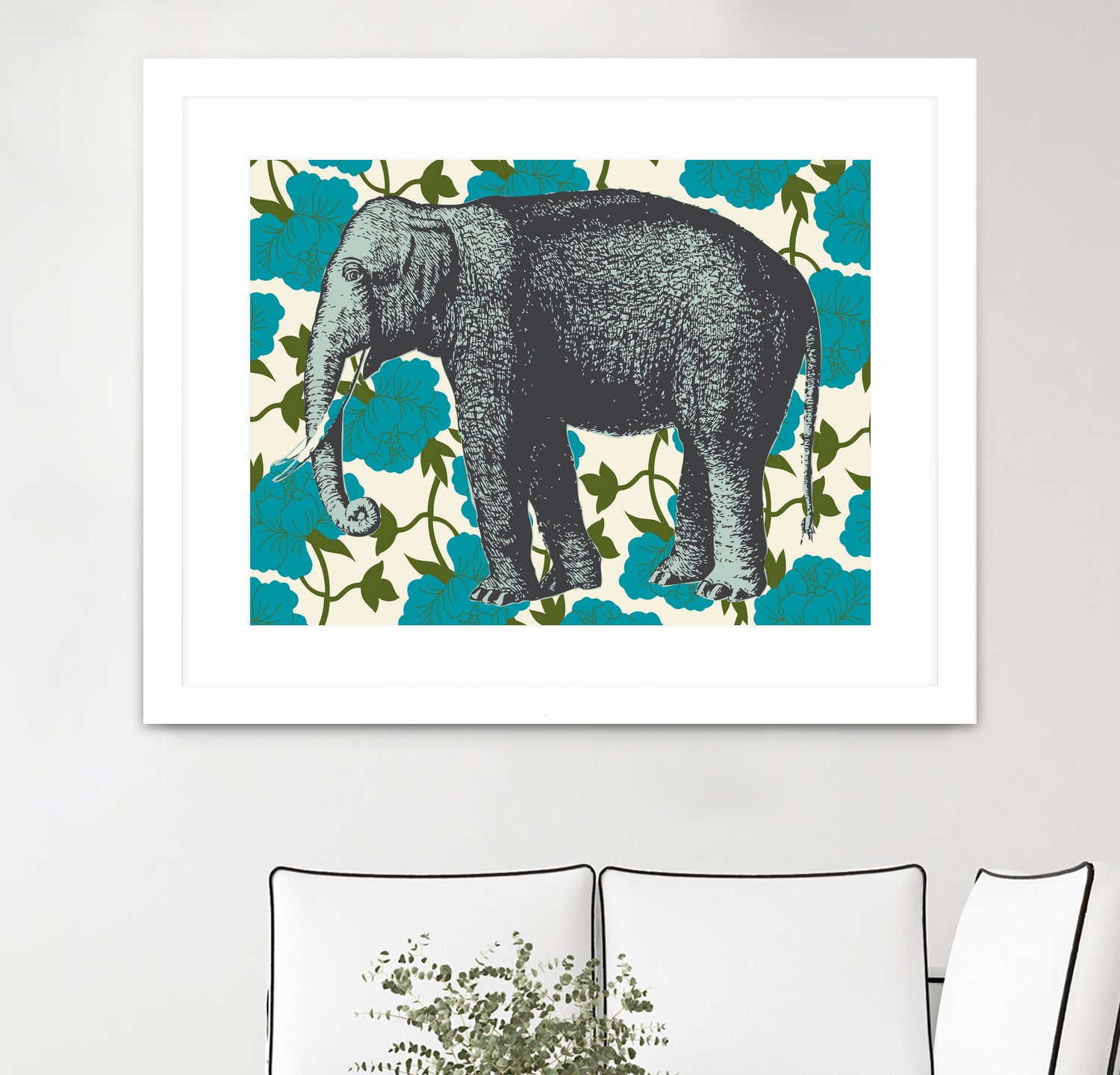 Elephant Floral Aqua by Thomas Fernez on GIANT ART - blue digital drawing