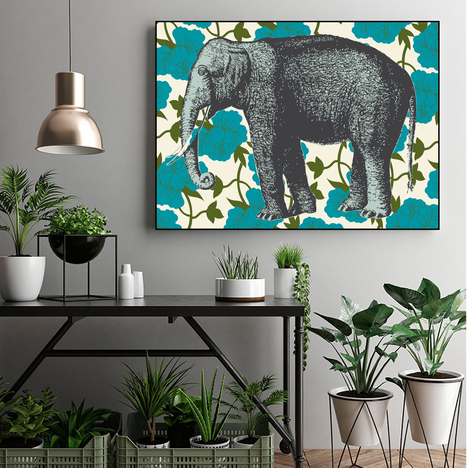 Elephant Floral Aqua by Thomas Fernez on GIANT ART - blue digital drawing