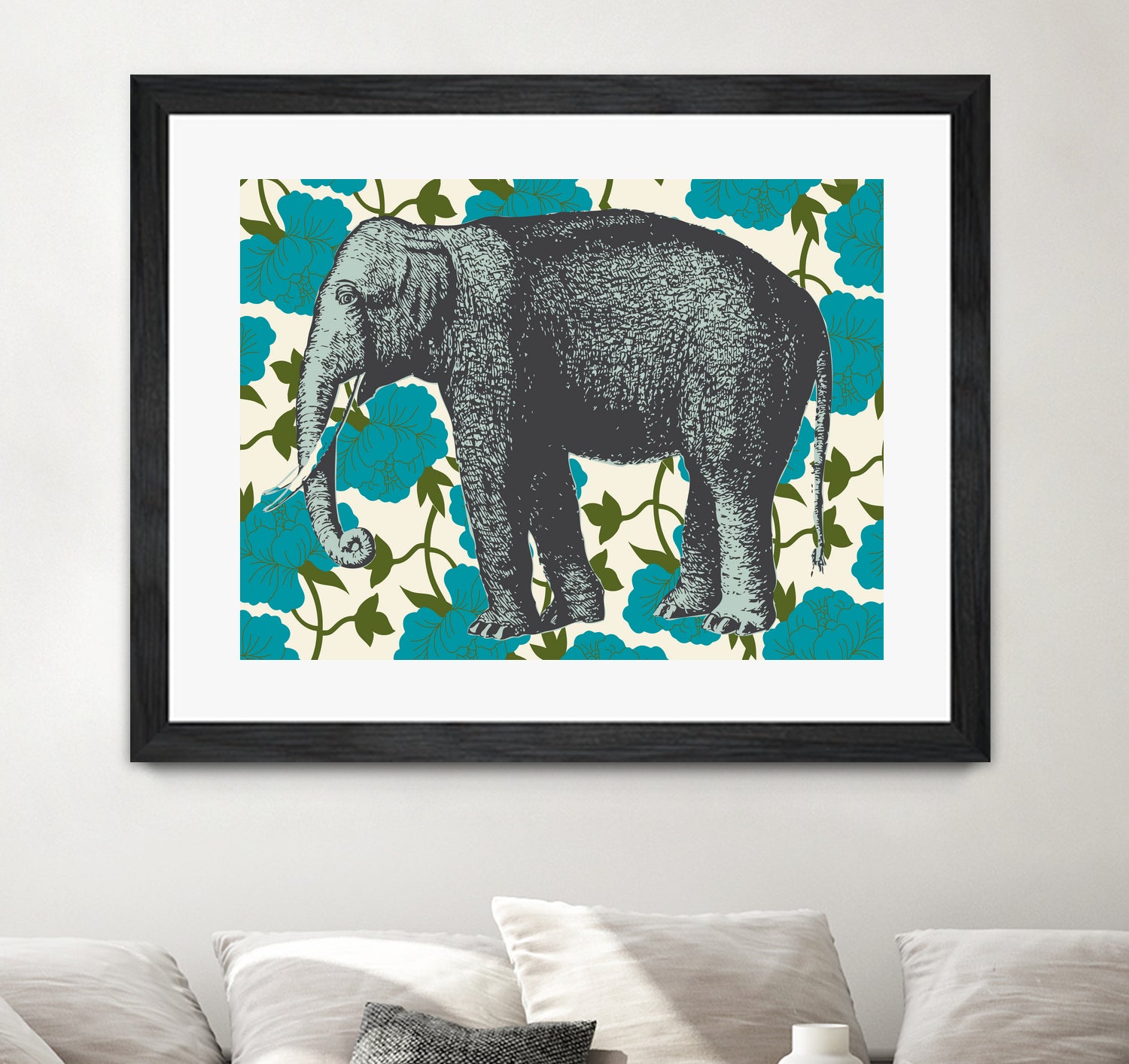 Elephant Floral Aqua by Thomas Fernez on GIANT ART - blue digital drawing