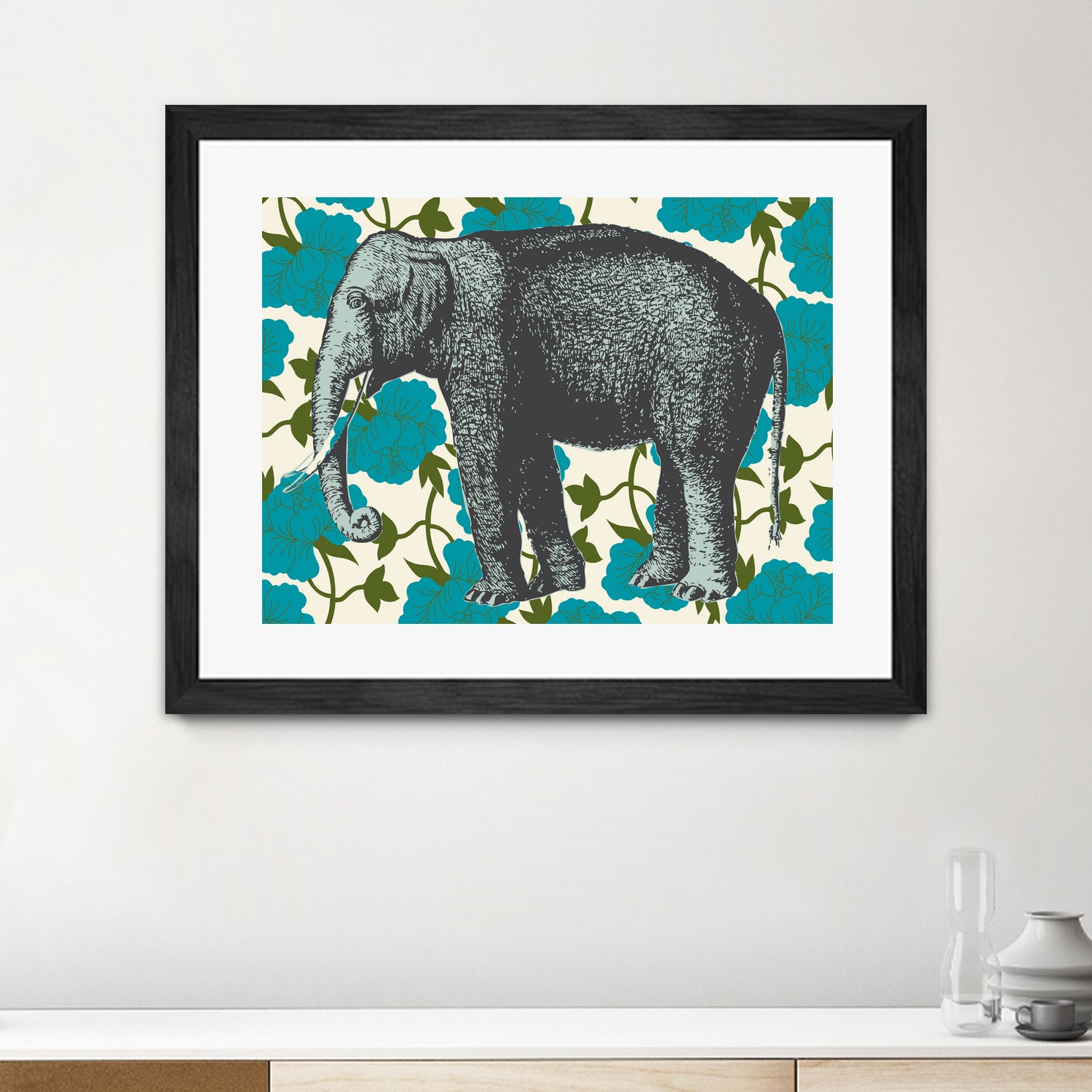 Elephant Floral Aqua by Thomas Fernez on GIANT ART - blue digital drawing