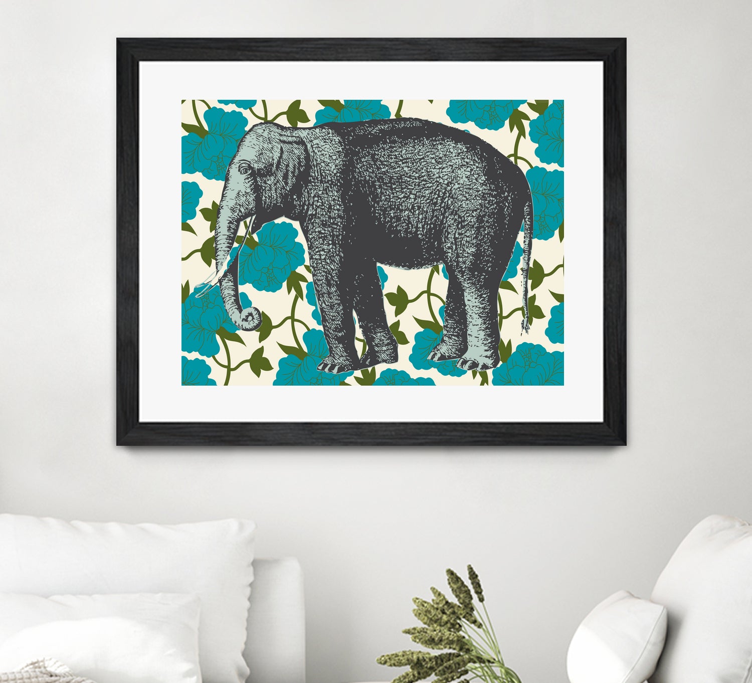 Elephant Floral Aqua by Thomas Fernez on GIANT ART - blue digital drawing