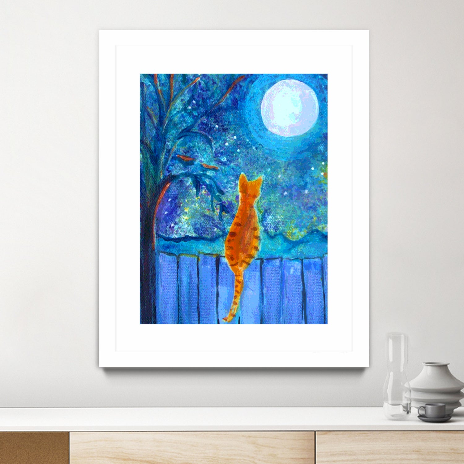 Cat on A Fence in the moonlight by Paintings by gretzky on GIANT ART - blue mixed media