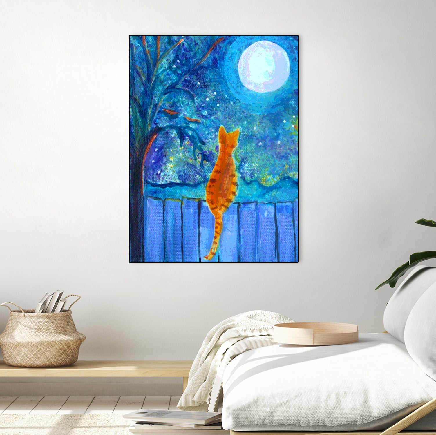 Cat on A Fence in the moonlight by Paintings by gretzky on GIANT ART - blue mixed media