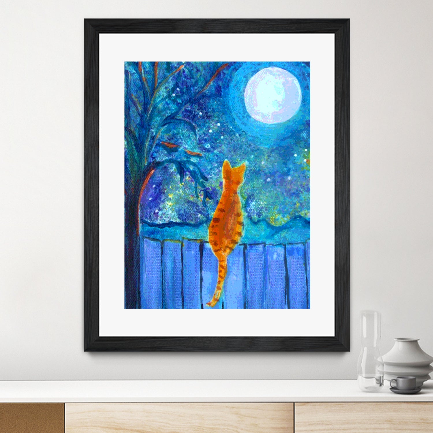 Cat on A Fence in the moonlight by Paintings by gretzky on GIANT ART - blue mixed media