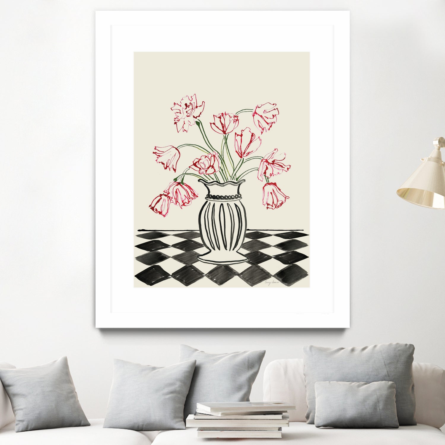 Pink Tulips In a Vase with Checkered Diamonds by Lucy Deaner  on GIANT ART -  flowers and plants