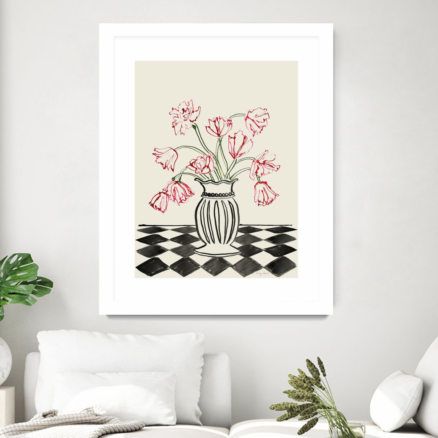 Pink Tulips In a Vase with Checkered Diamonds by Lucy Deaner  on GIANT ART -  flowers and plants