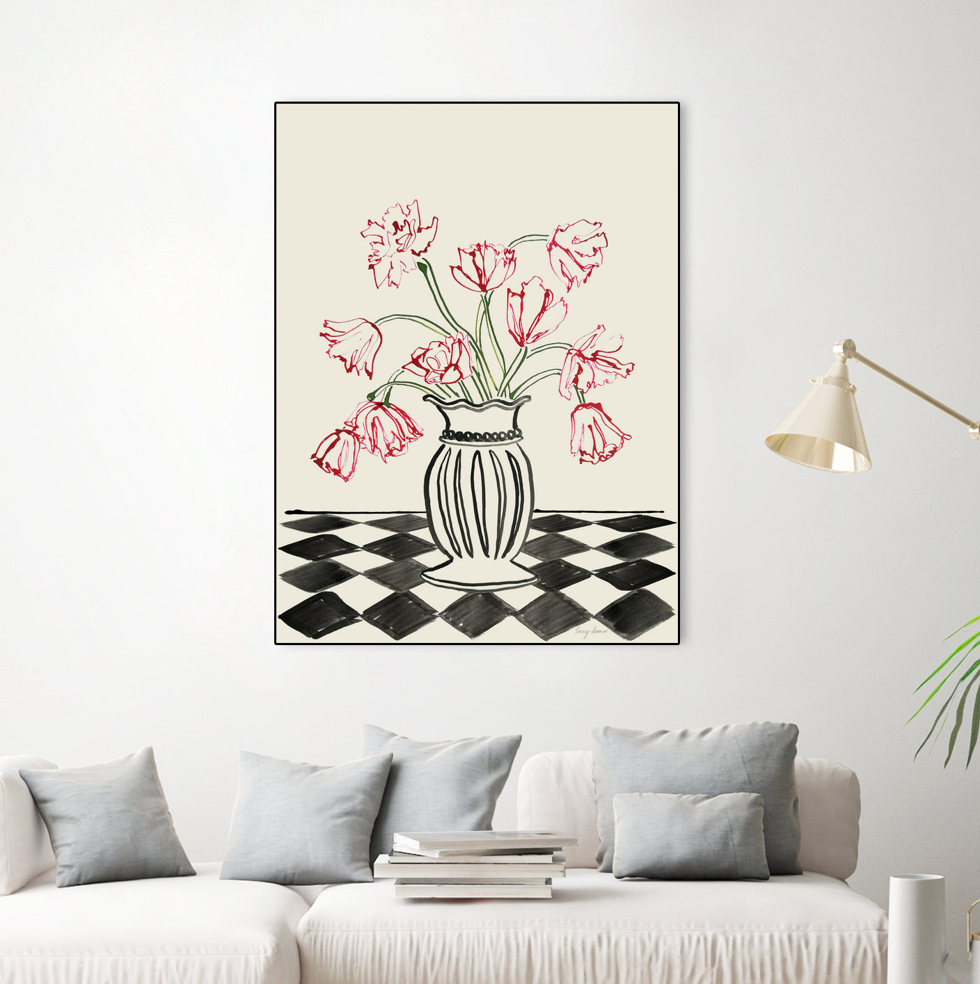 Pink Tulips In a Vase with Checkered Diamonds by Lucy Deaner  on GIANT ART -  flowers and plants