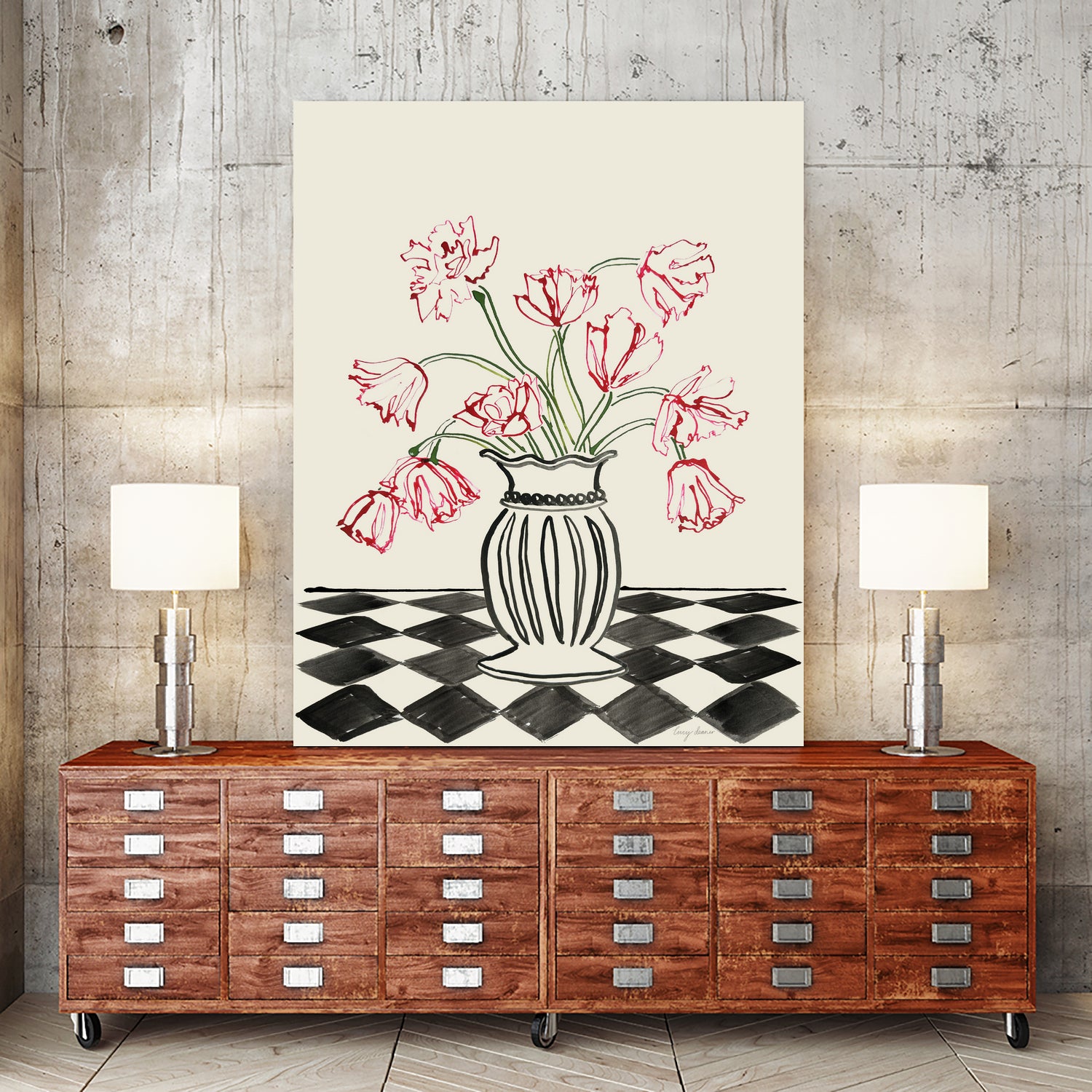 Pink Tulips In a Vase with Checkered Diamonds by Lucy Deaner  on GIANT ART -  flowers and plants