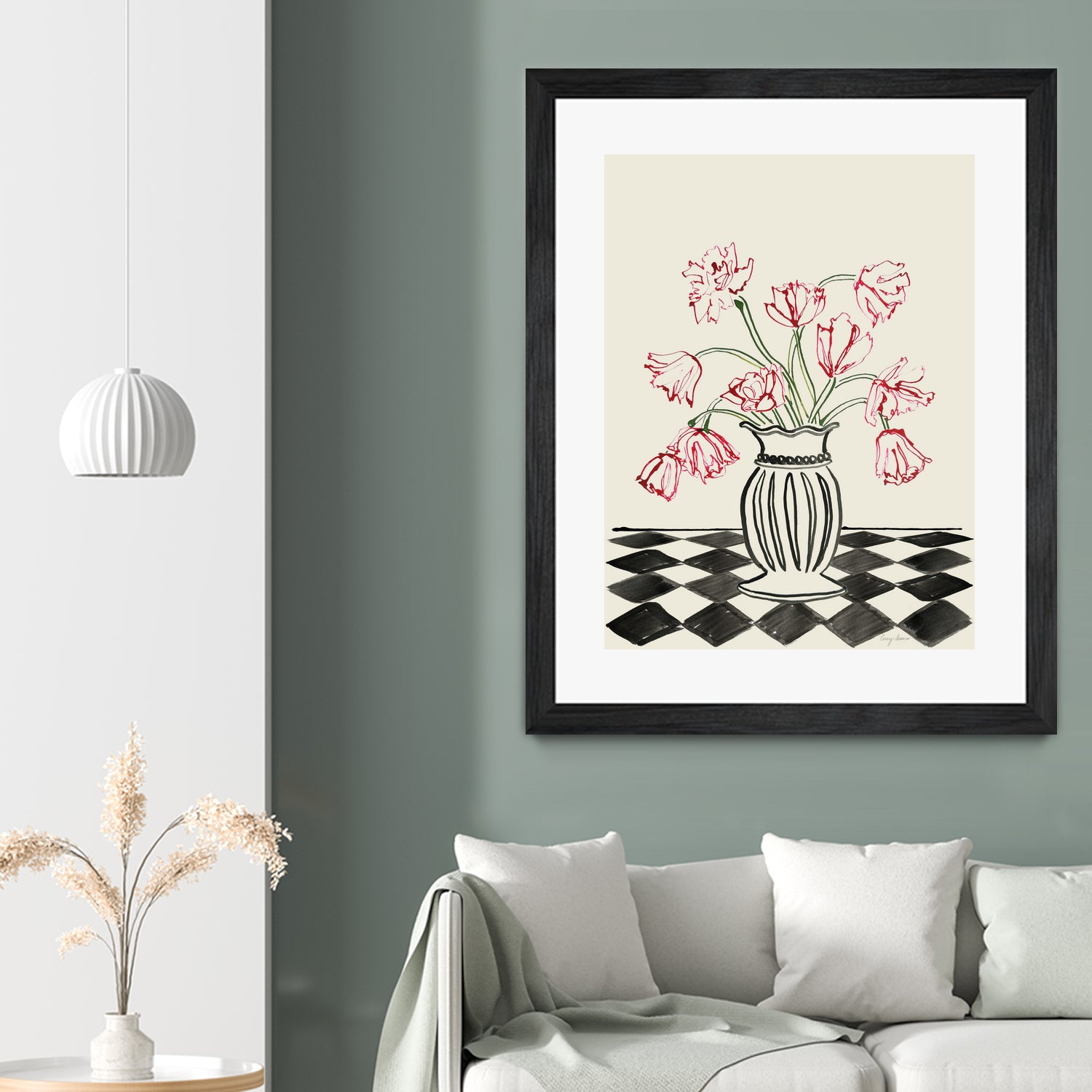 Pink Tulips In a Vase with Checkered Diamonds by Lucy Deaner  on GIANT ART -  flowers and plants
