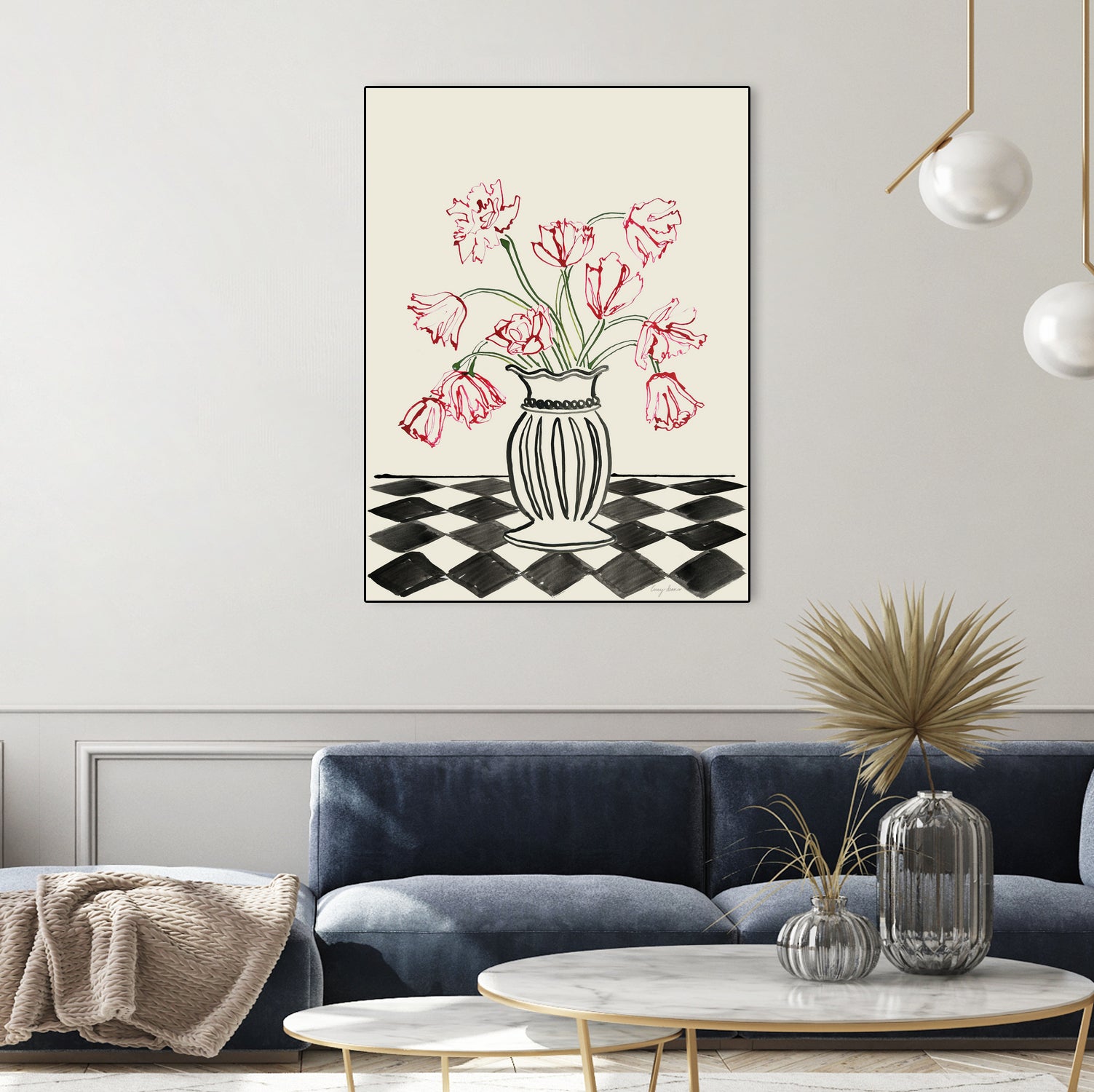 Pink Tulips In a Vase with Checkered Diamonds by Lucy Deaner  on GIANT ART -  flowers and plants