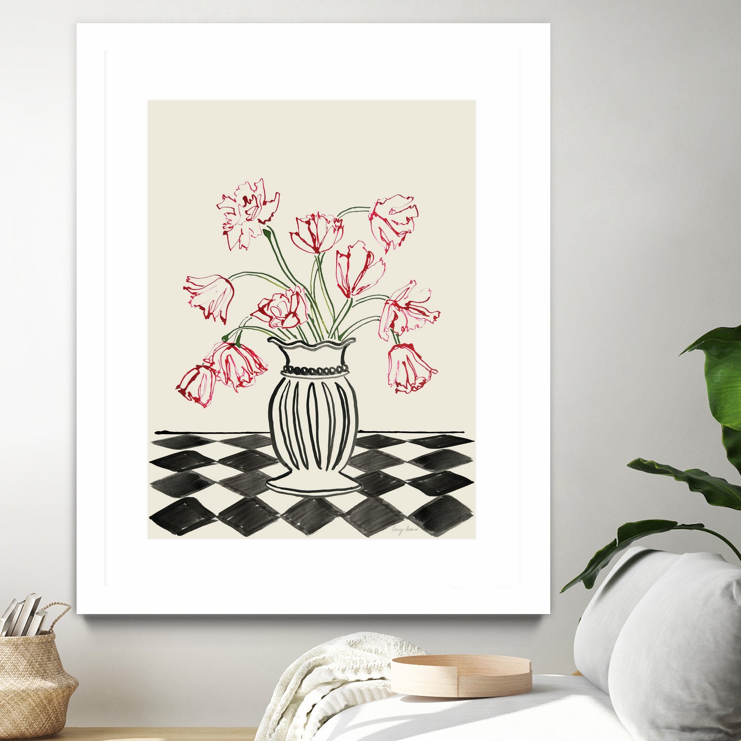 Pink Tulips In a Vase with Checkered Diamonds by Lucy Deaner  on GIANT ART -  flowers and plants